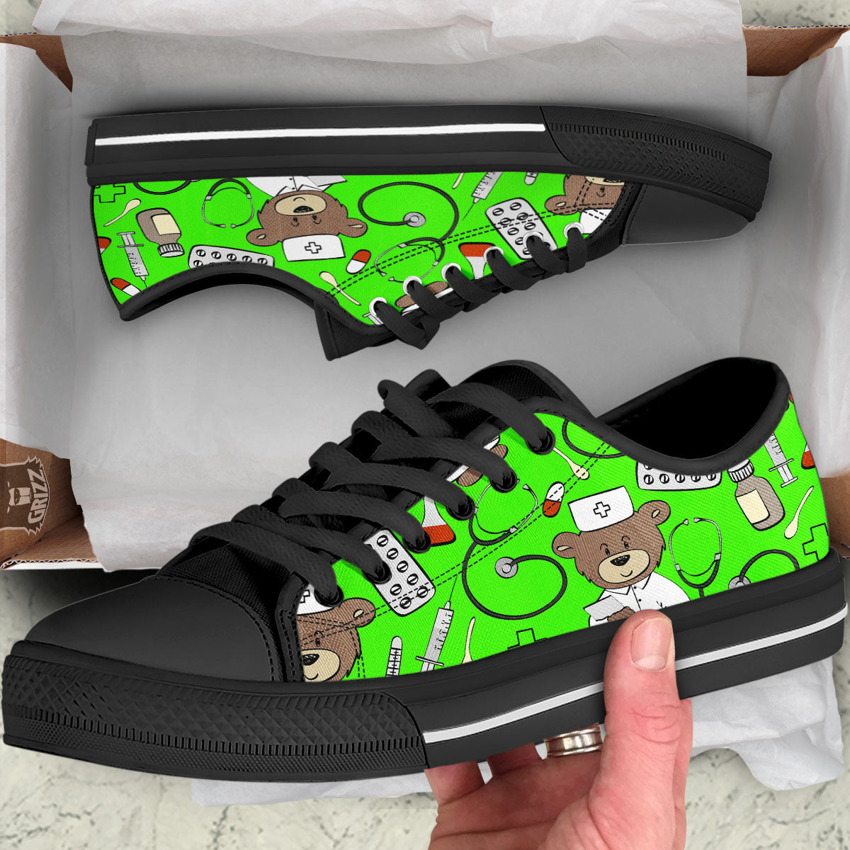 Green Neon Teddy Bear Nurse Black Low Top Shoes-grizzshop