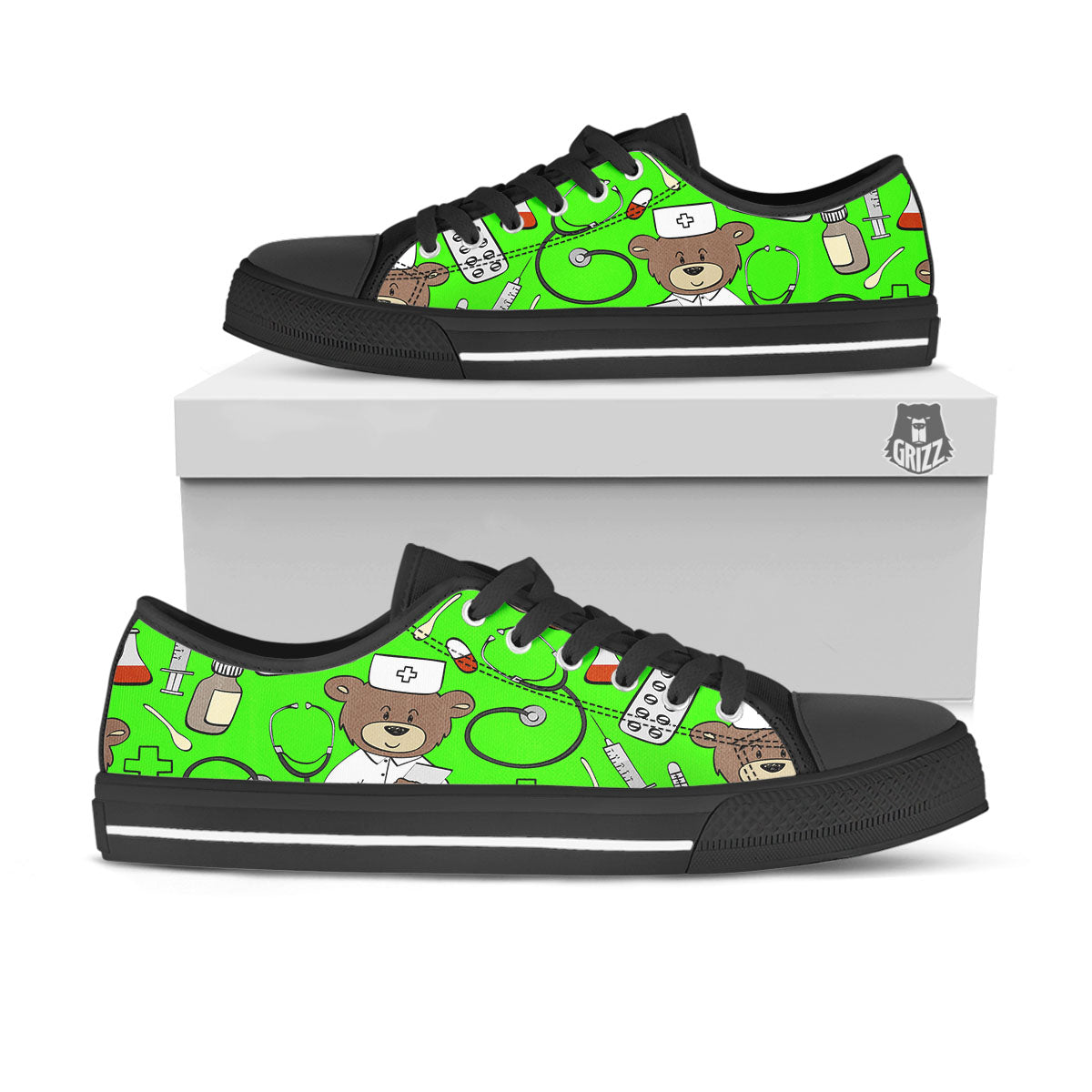 Green Neon Teddy Bear Nurse Black Low Top Shoes-grizzshop