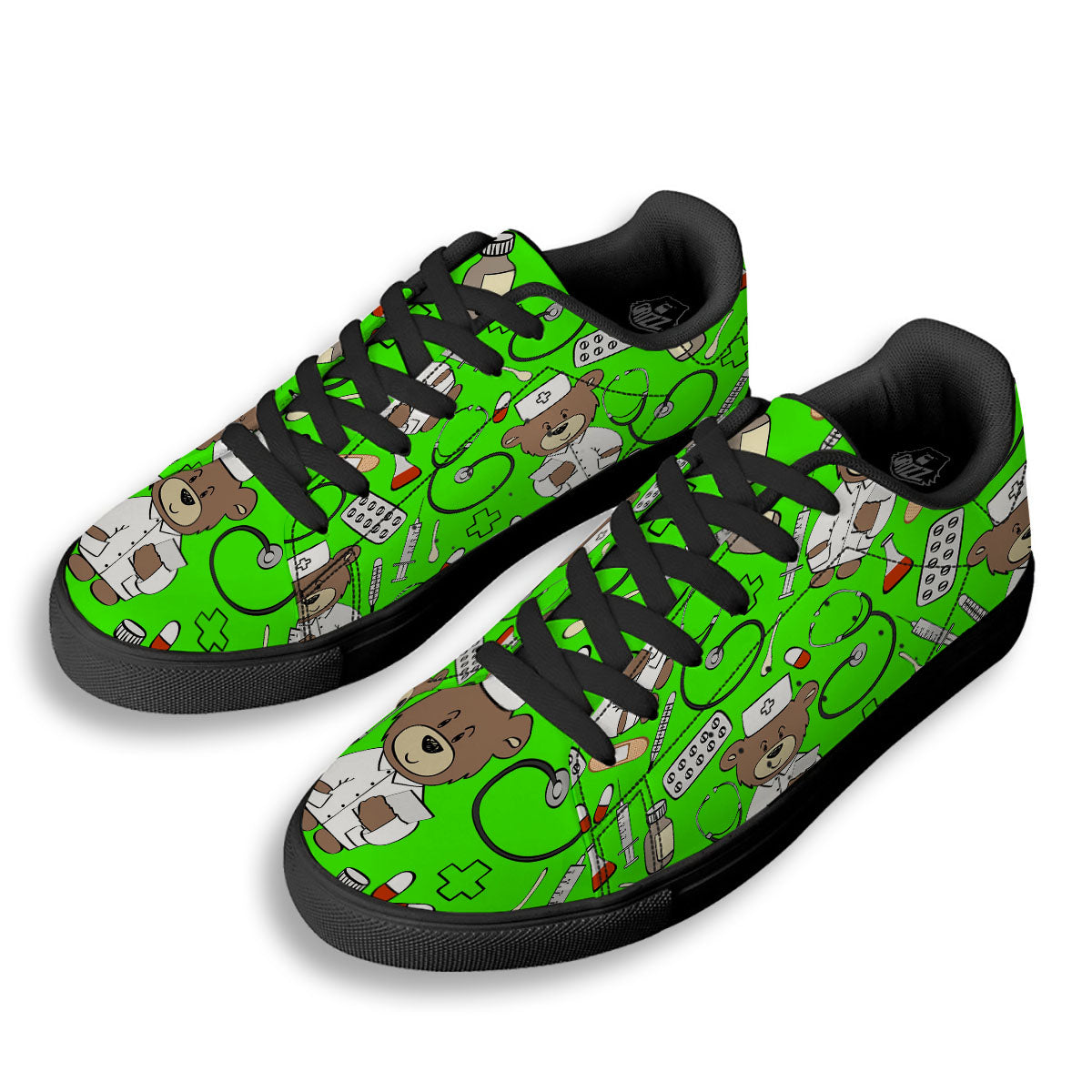 Green Neon Teddy Bear Nurse Black Low Top Sneakers-grizzshop
