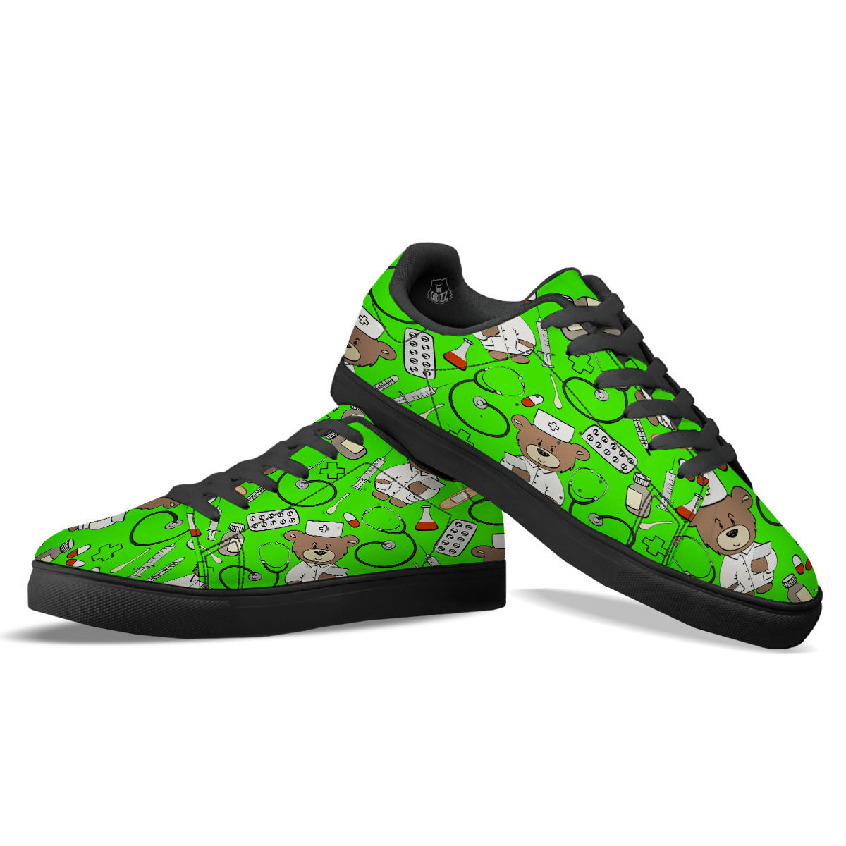 Green Neon Teddy Bear Nurse Black Low Top Sneakers-grizzshop