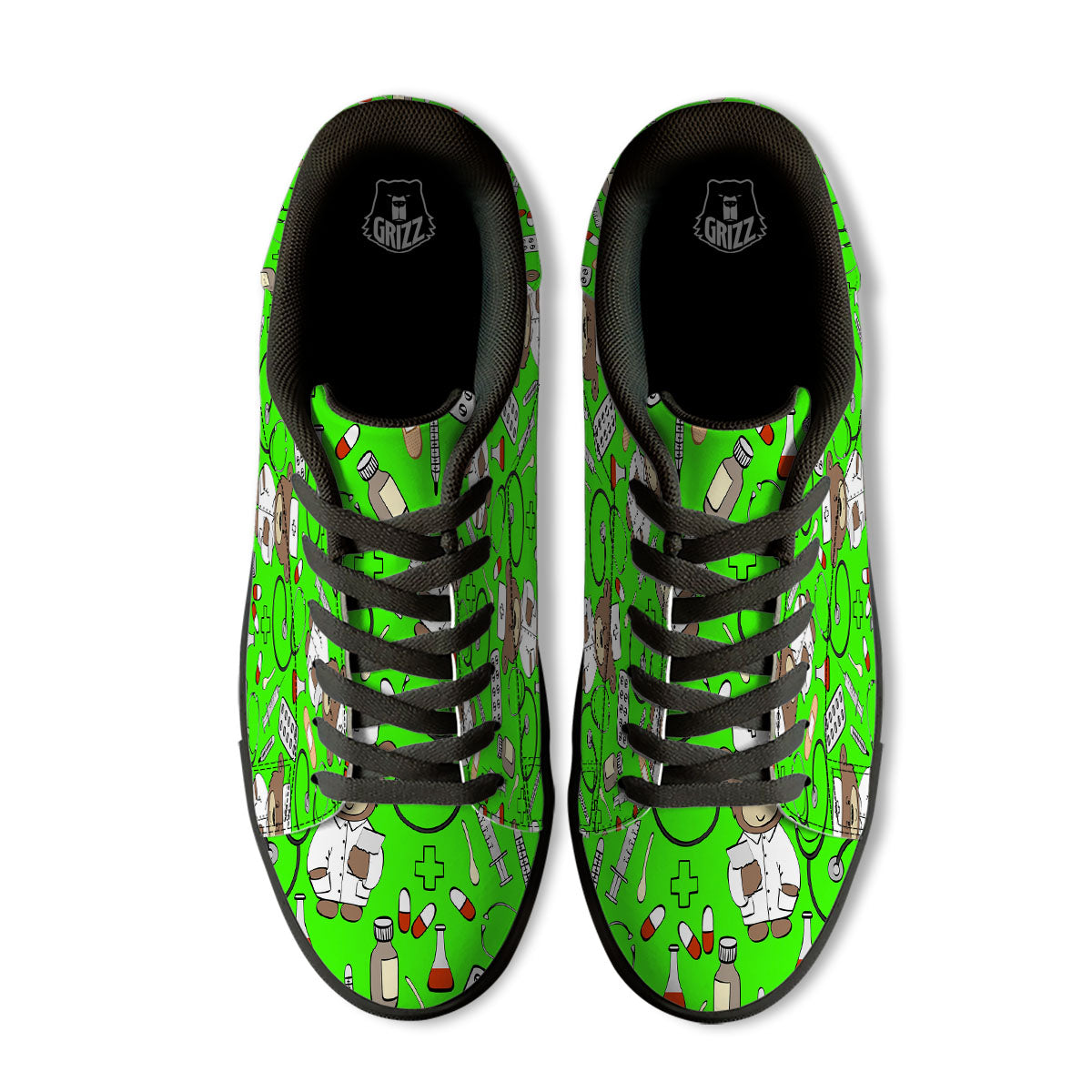 Green Neon Teddy Bear Nurse Black Low Top Sneakers-grizzshop