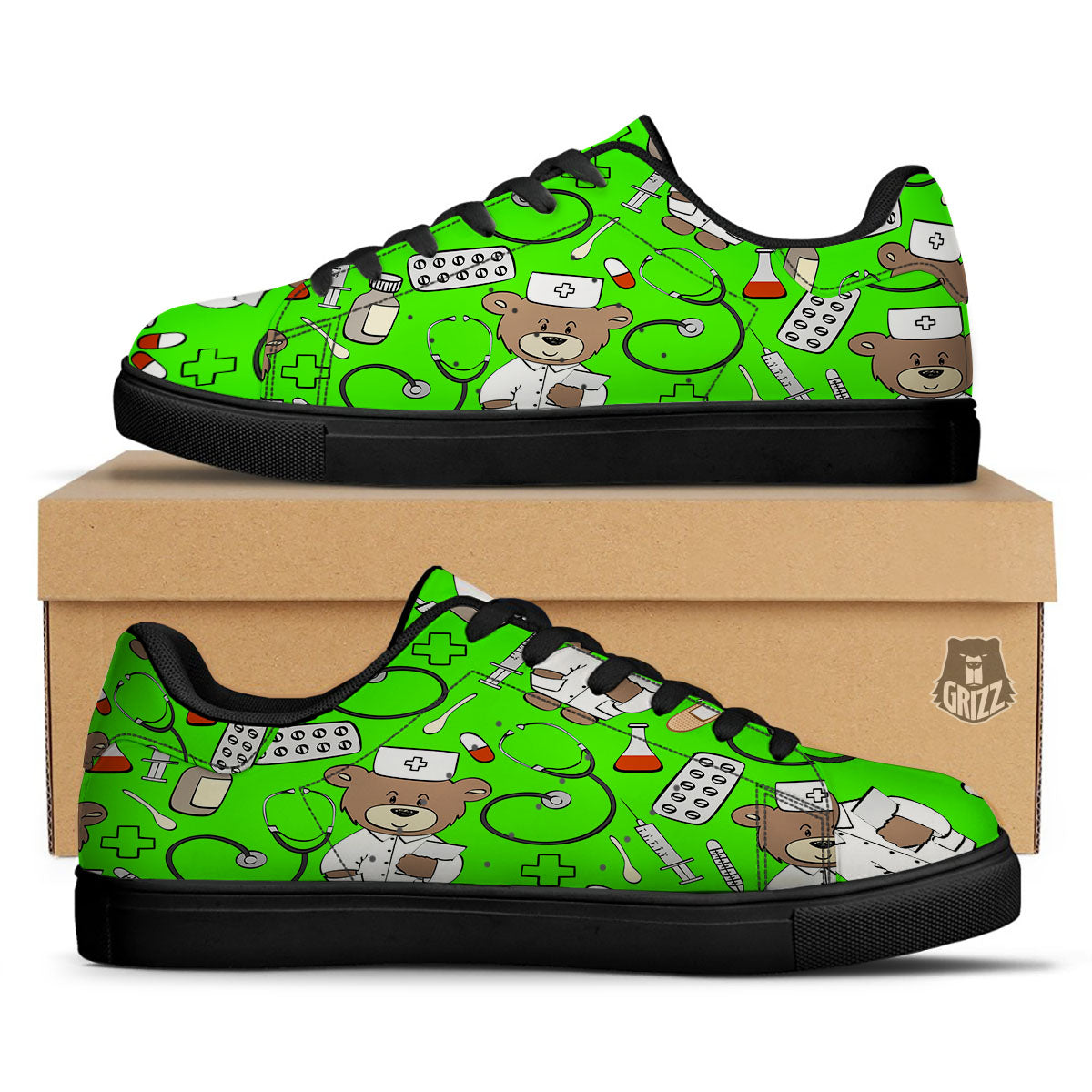 Green Neon Teddy Bear Nurse Black Low Top Sneakers-grizzshop
