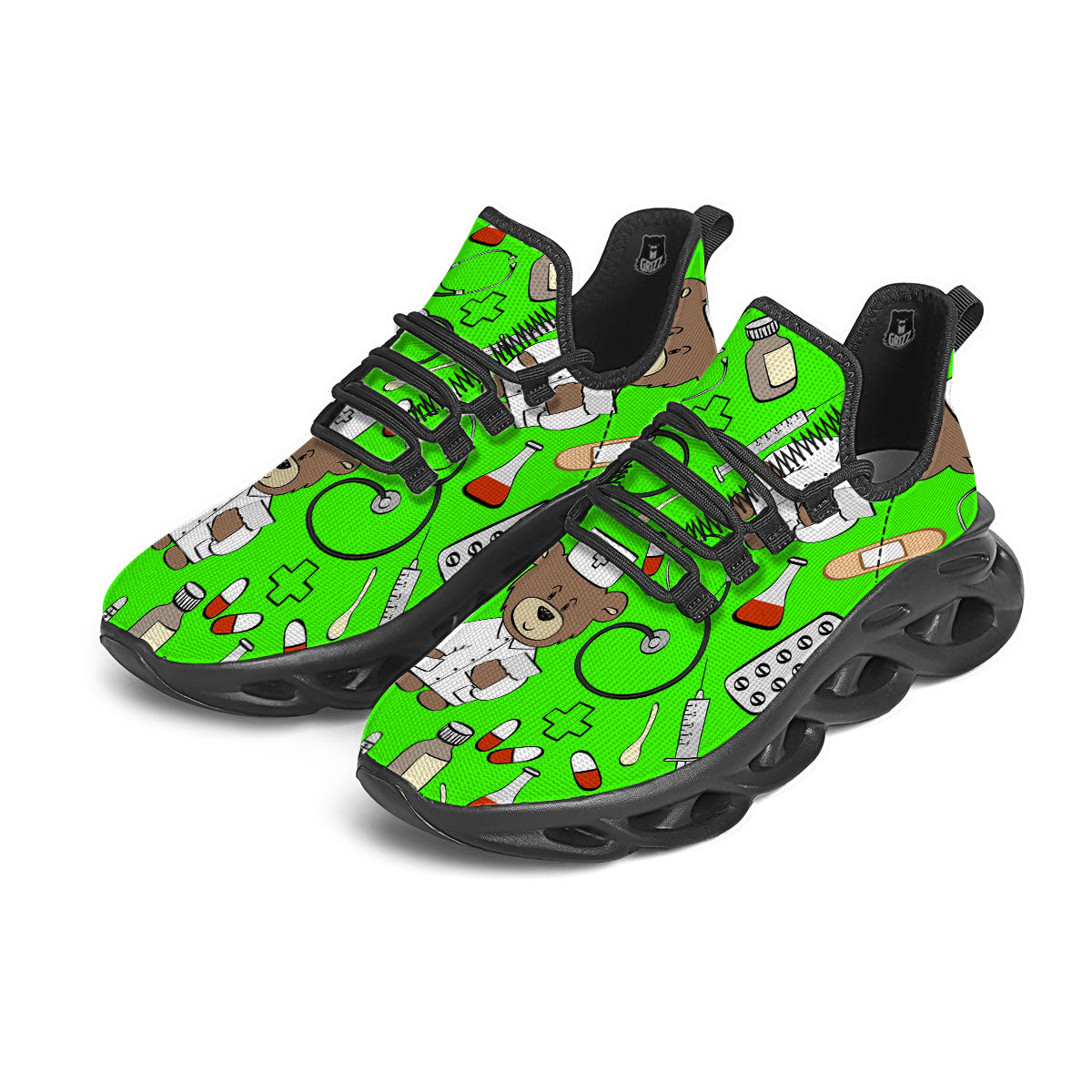 Green Neon Teddy Bear Nurse Black Running Shoes-grizzshop