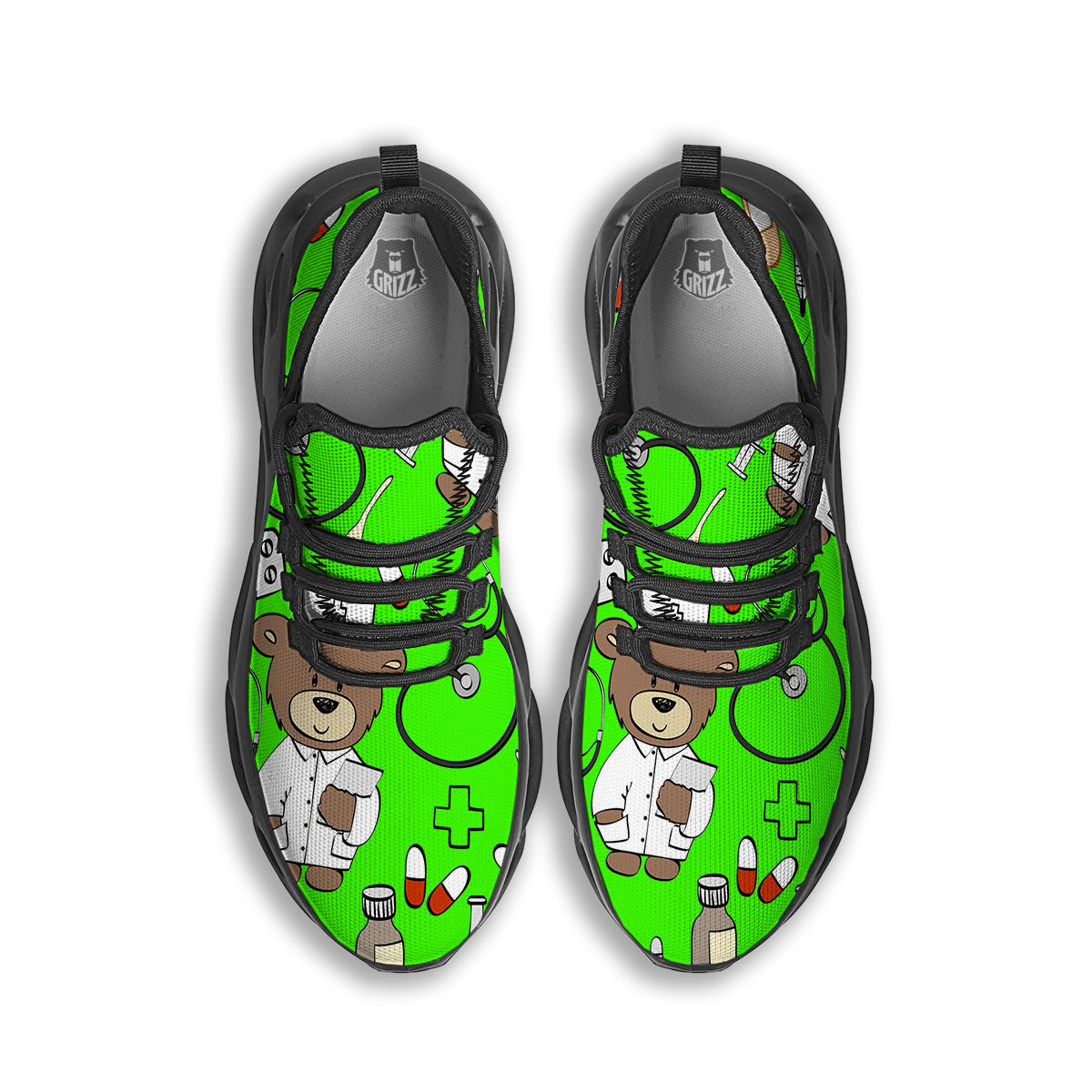 Green Neon Teddy Bear Nurse Black Running Shoes-grizzshop
