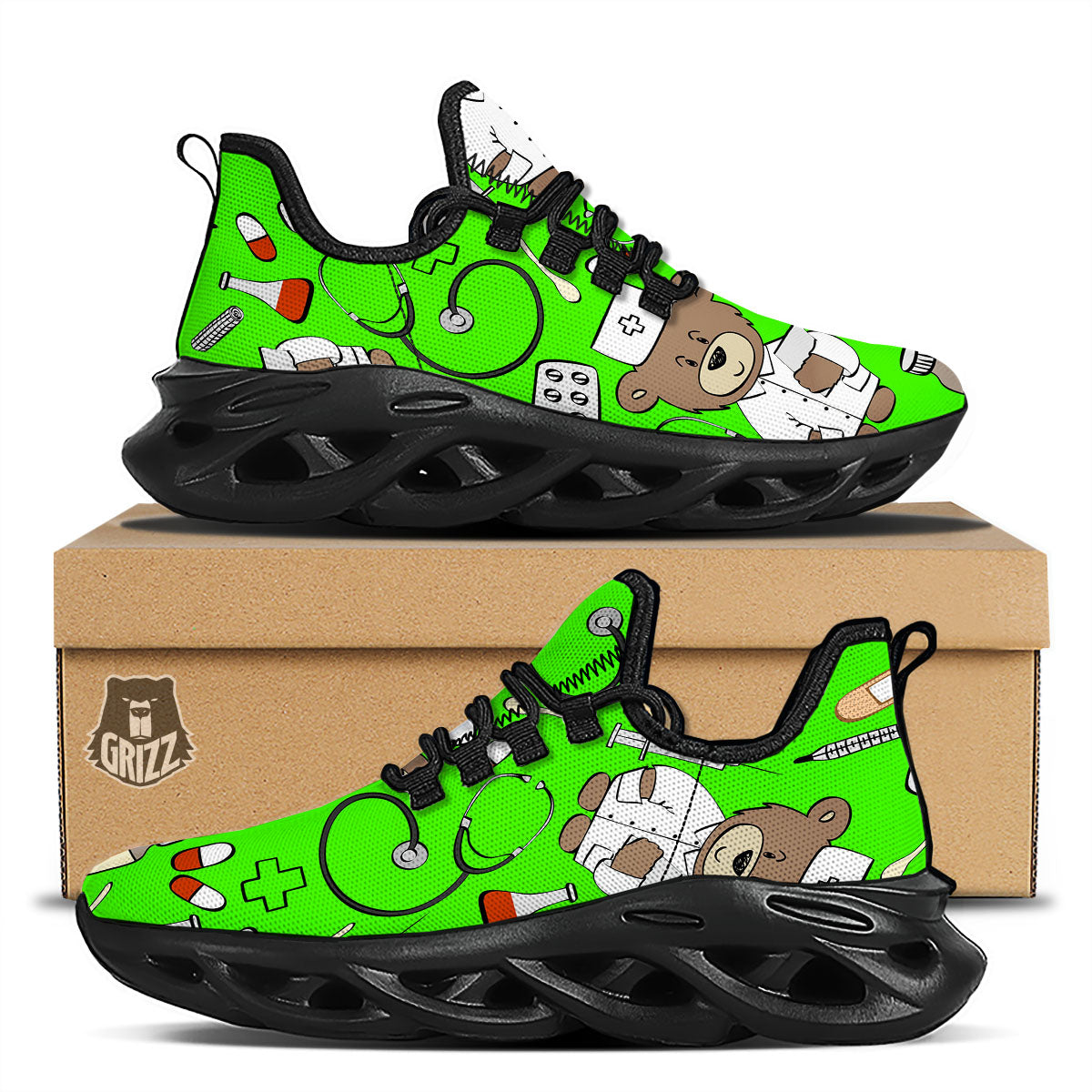 Green Neon Teddy Bear Nurse Black Running Shoes-grizzshop