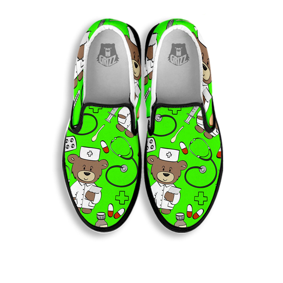Green Neon Teddy Bear Nurse Black Slip On Shoes-grizzshop