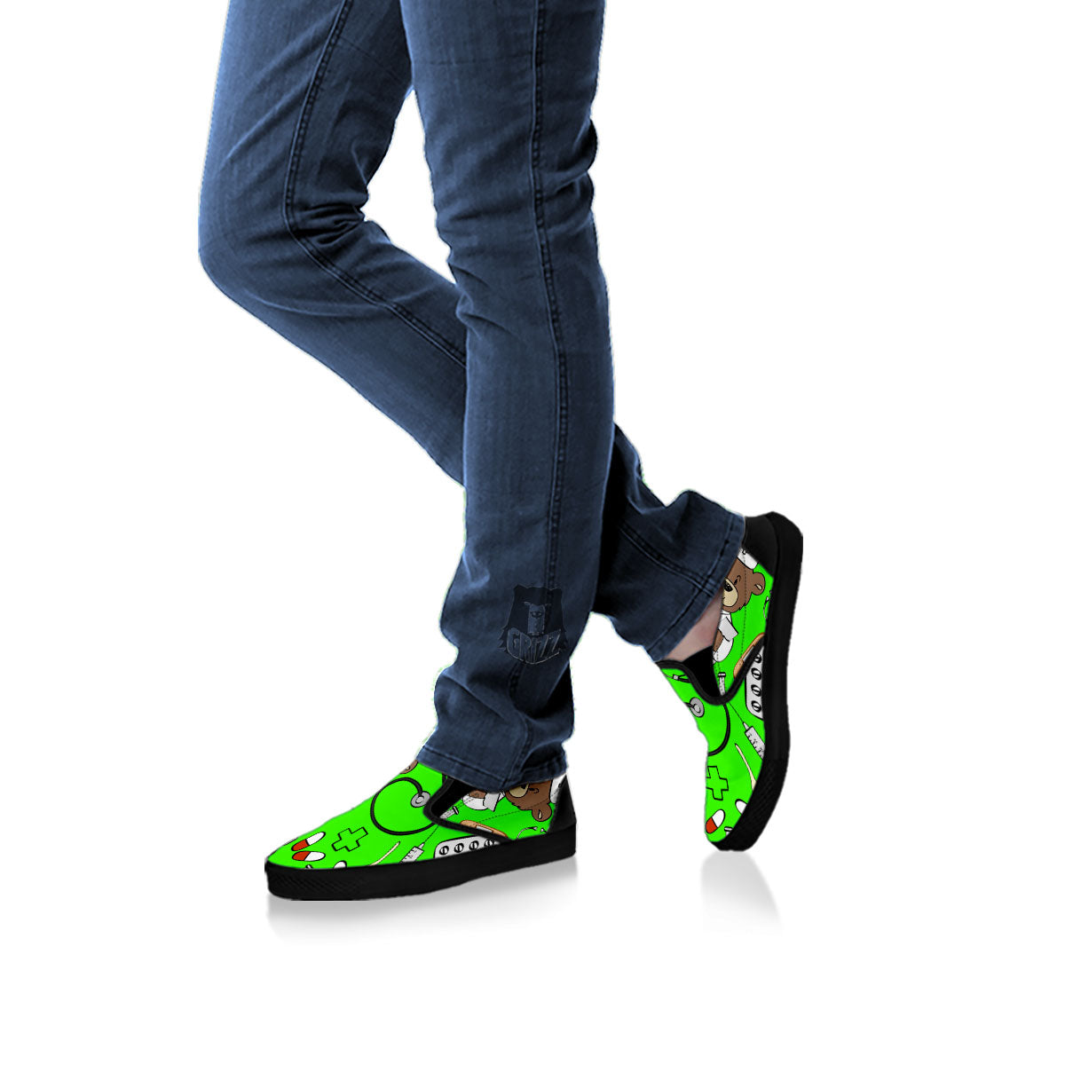 Green Neon Teddy Bear Nurse Black Slip On Shoes-grizzshop