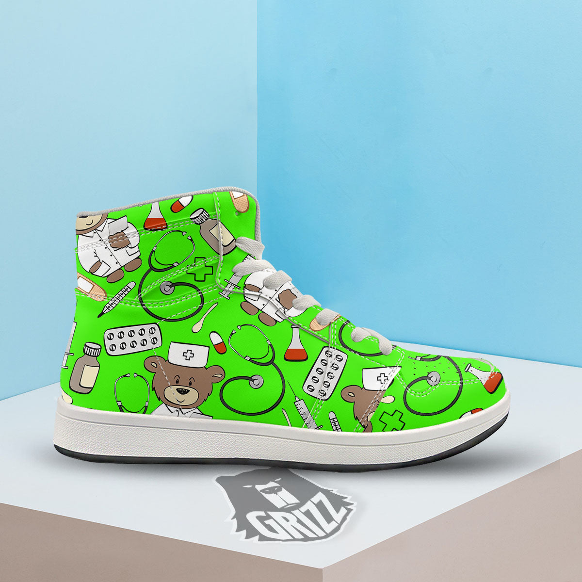 Green Neon Teddy Bear Nurse High Top Sneakers-grizzshop