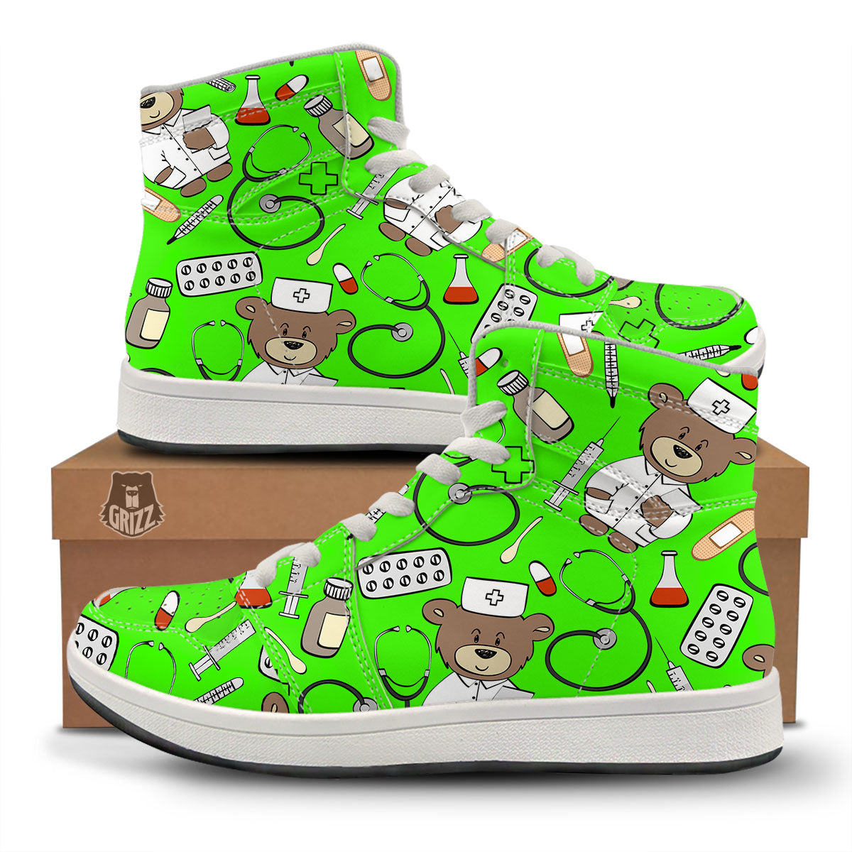 Green Neon Teddy Bear Nurse High Top Sneakers-grizzshop
