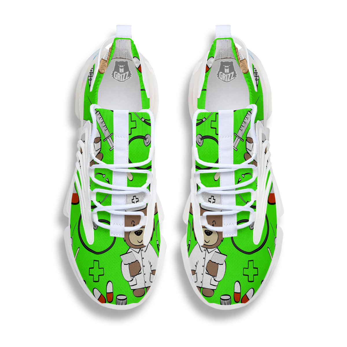 Green Neon Teddy Bear Nurse White Gym Shoes-grizzshop