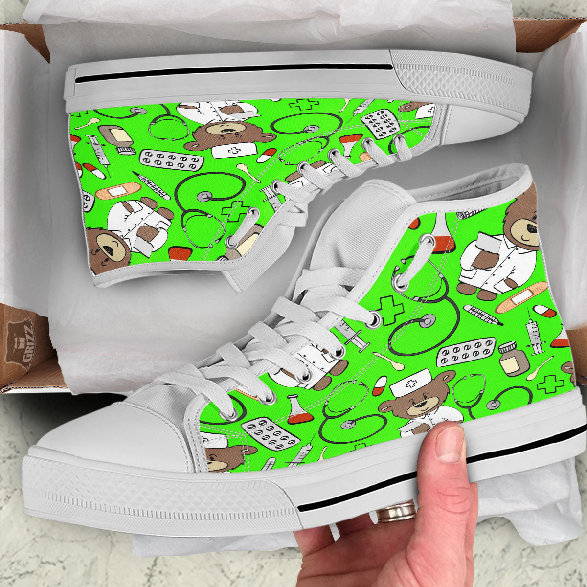 Green Neon Teddy Bear Nurse White High Top Shoes-grizzshop