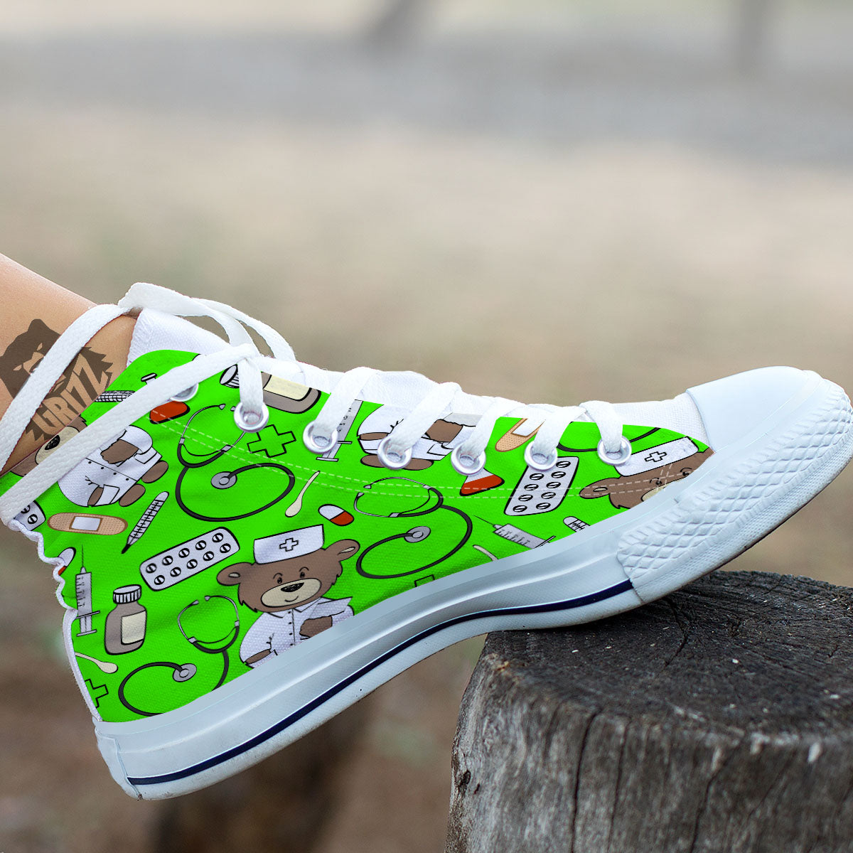 Green Neon Teddy Bear Nurse White High Top Shoes-grizzshop
