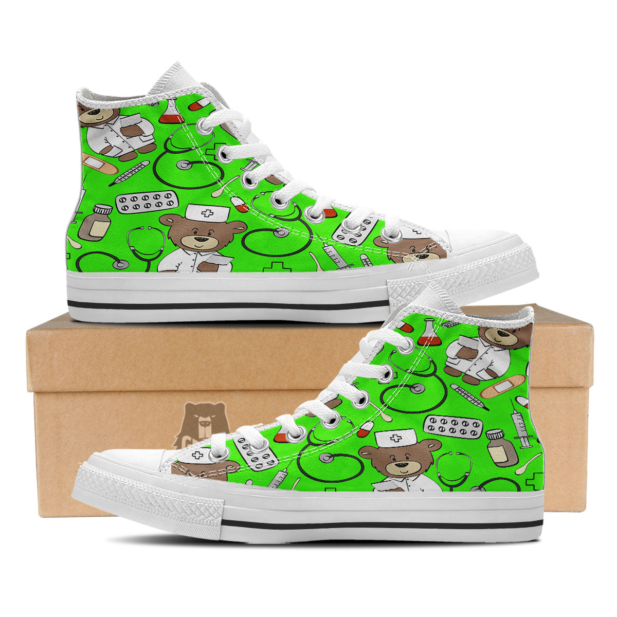 Green Neon Teddy Bear Nurse White High Top Shoes-grizzshop