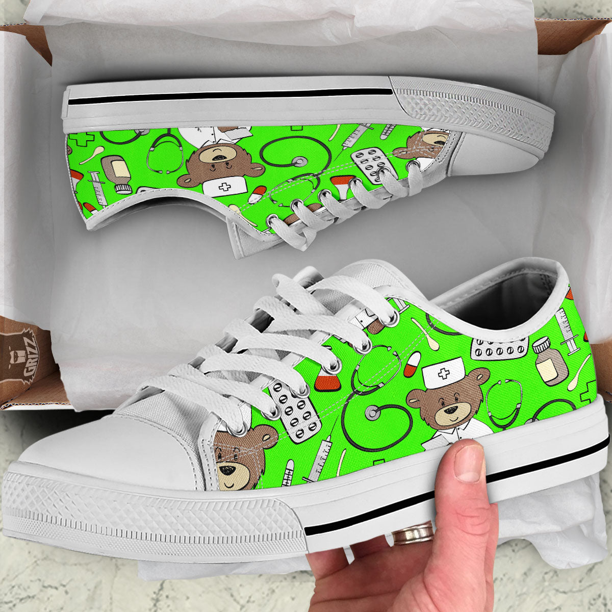 Green Neon Teddy Bear Nurse White Low Top Shoes-grizzshop