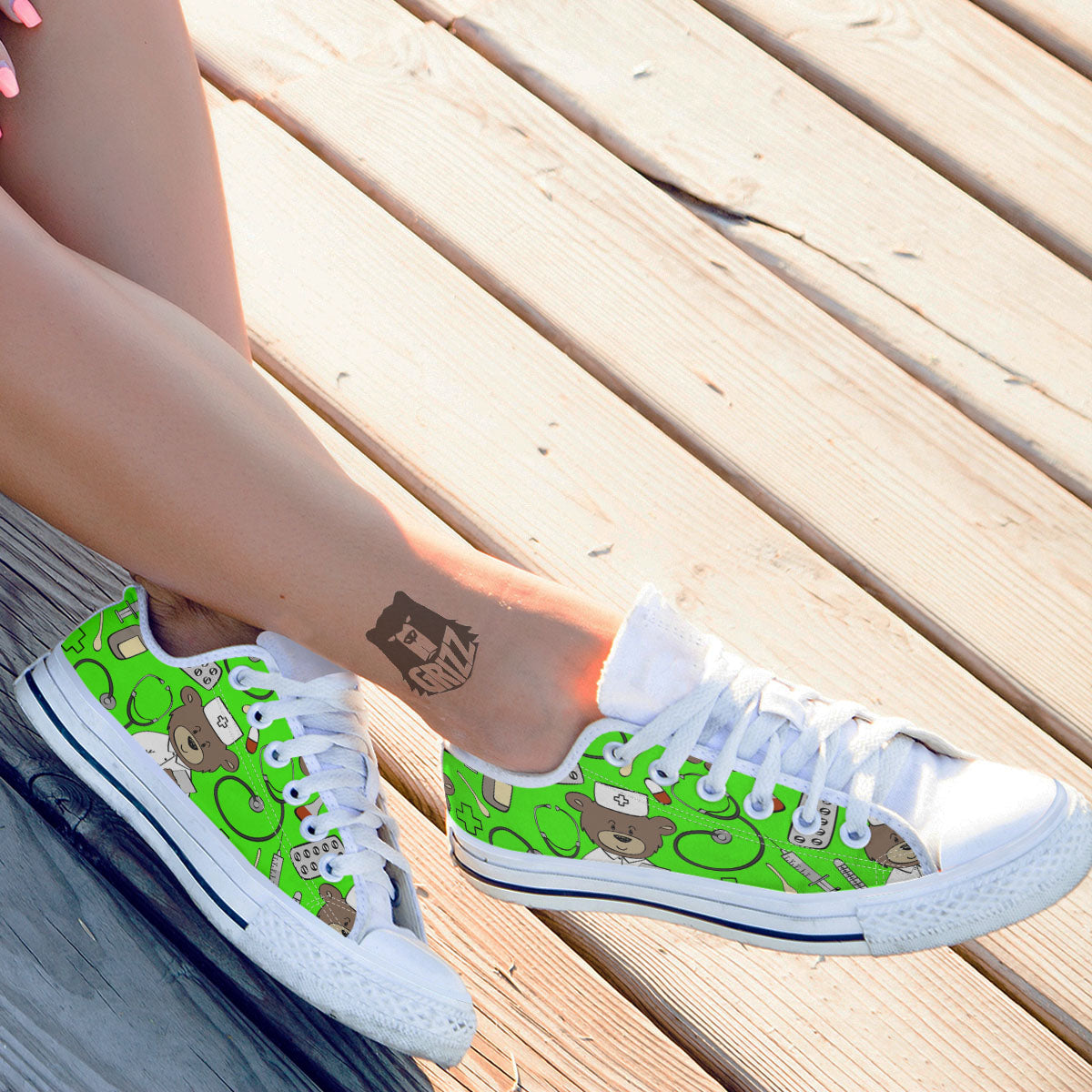 Green Neon Teddy Bear Nurse White Low Top Shoes-grizzshop