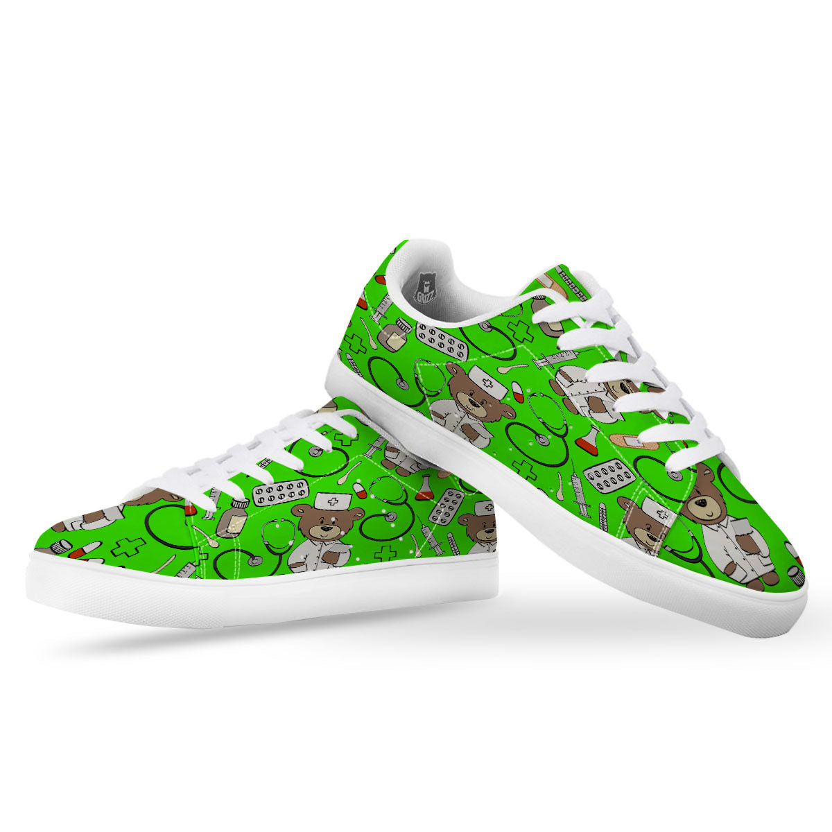 Green Neon Teddy Bear Nurse White Low Top Sneakers-grizzshop