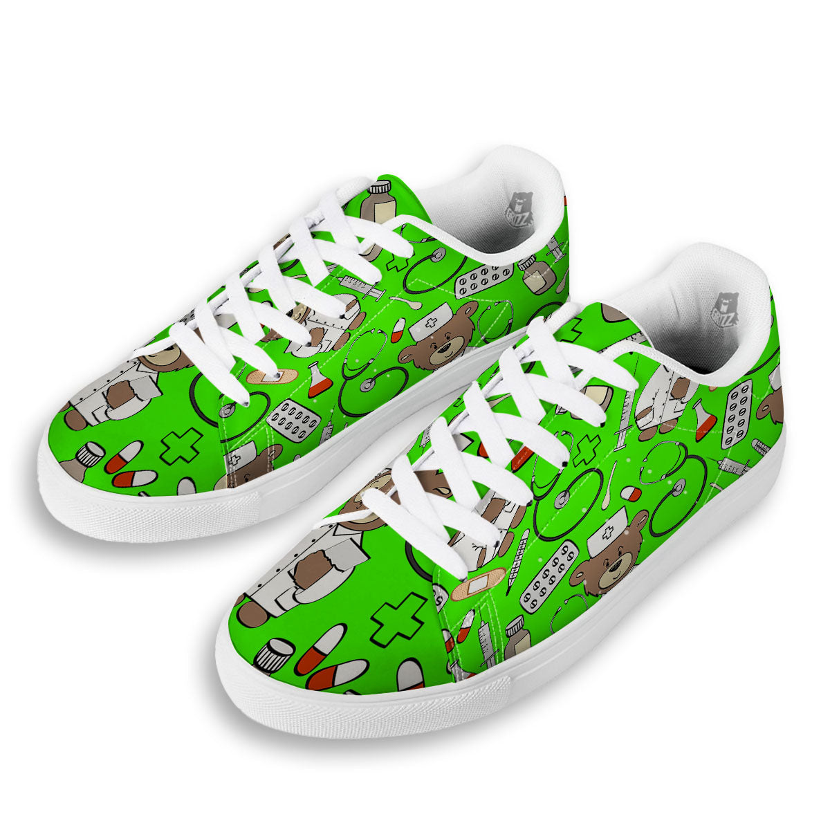 Green Neon Teddy Bear Nurse White Low Top Sneakers-grizzshop
