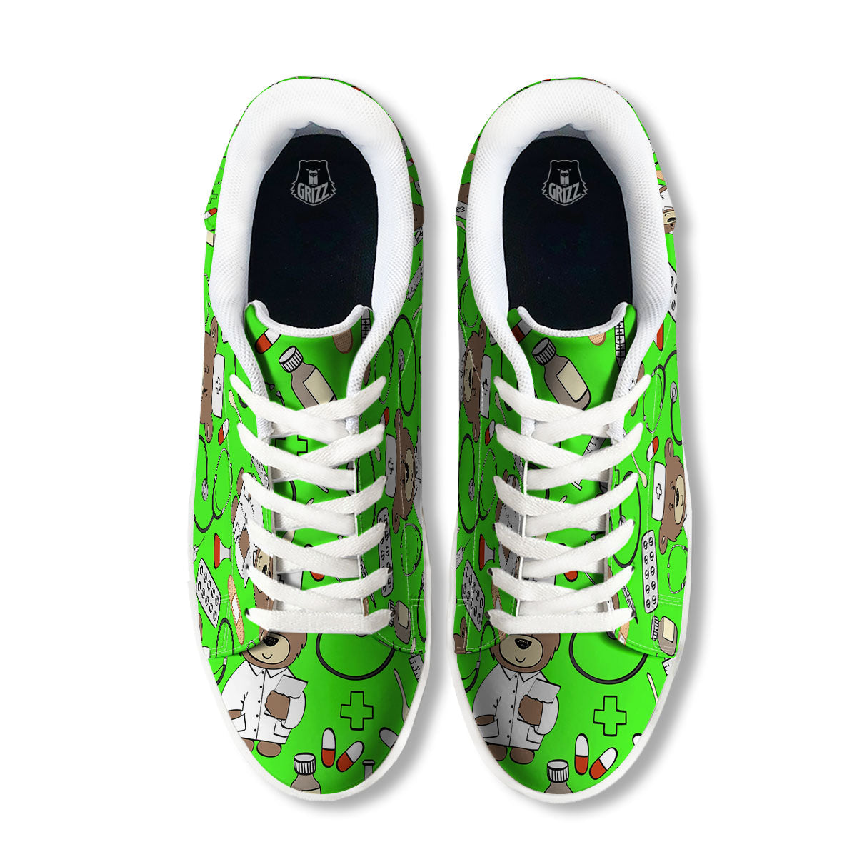 Green Neon Teddy Bear Nurse White Low Top Sneakers-grizzshop