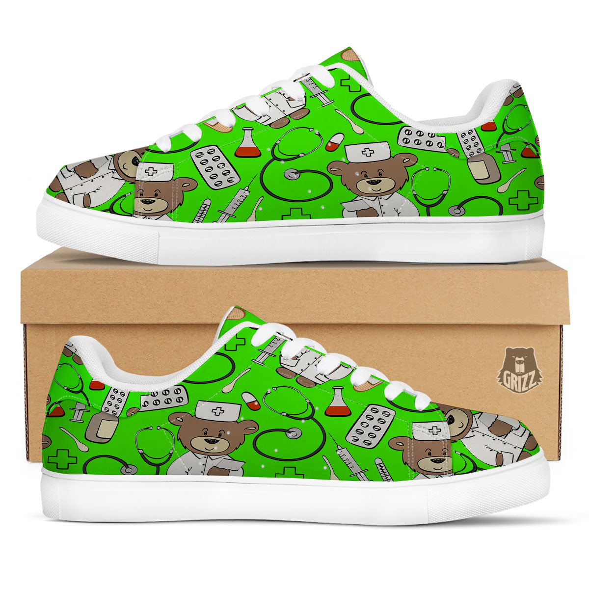 Green Neon Teddy Bear Nurse White Low Top Sneakers-grizzshop