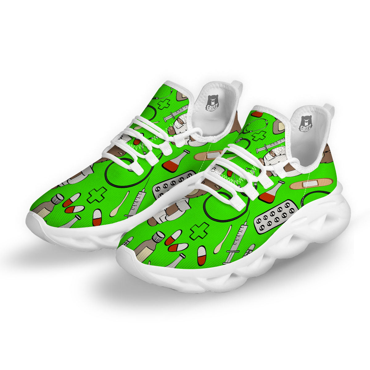 Green Neon Teddy Bear Nurse White Running Shoes-grizzshop
