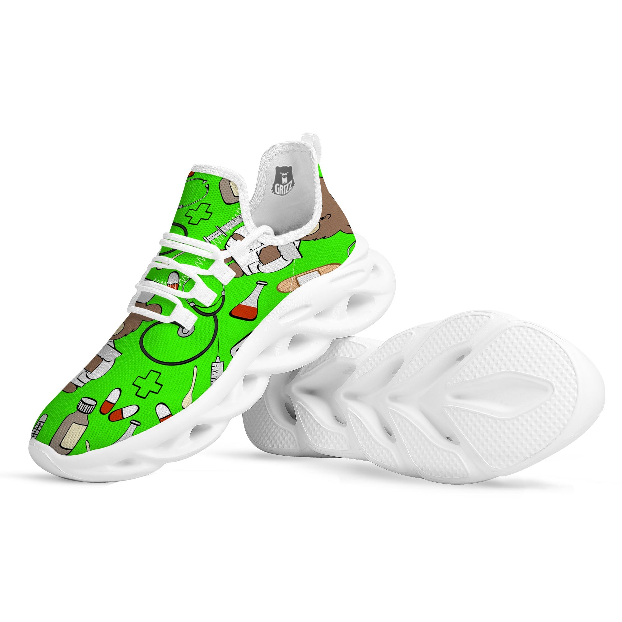 Green Neon Teddy Bear Nurse White Running Shoes-grizzshop