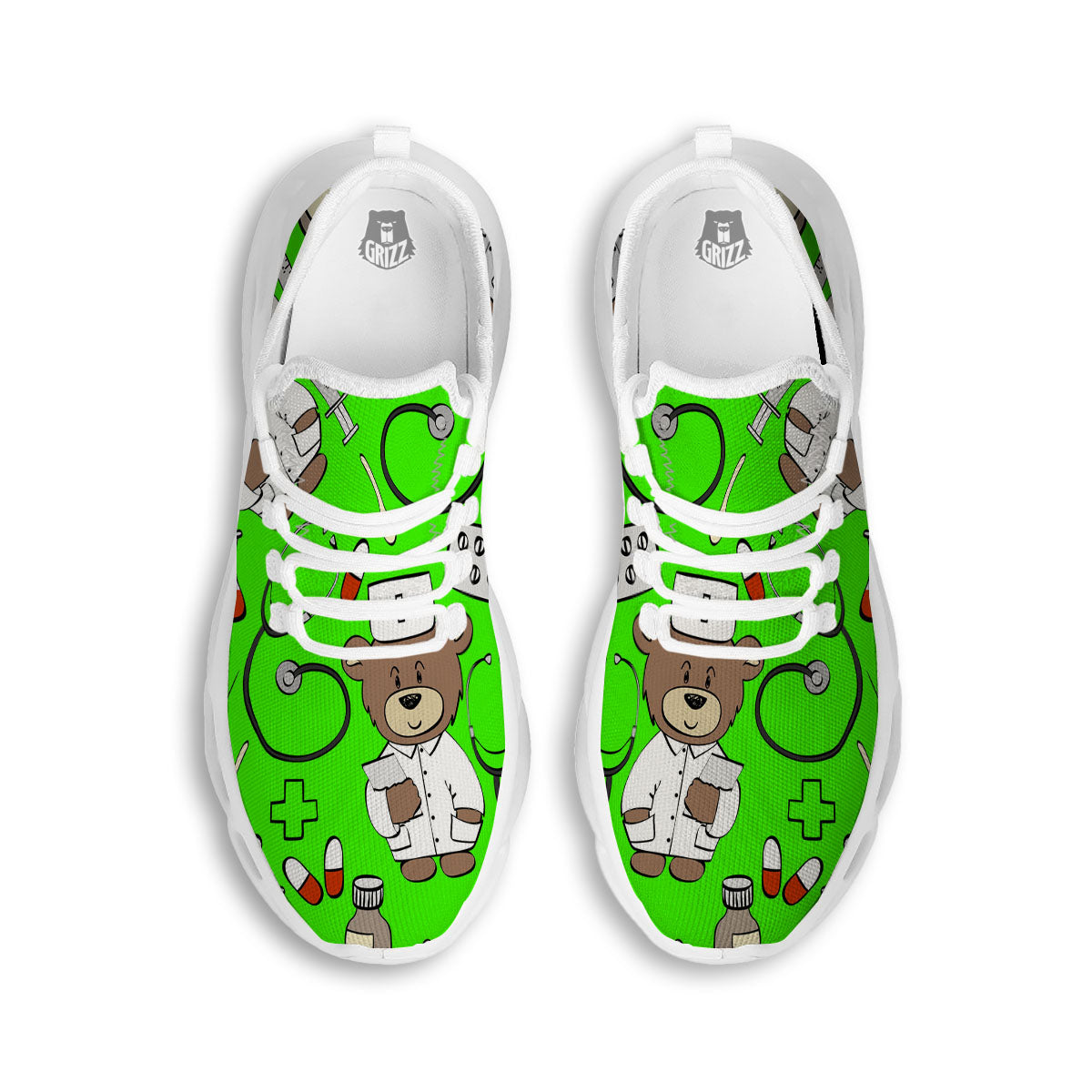 Green Neon Teddy Bear Nurse White Running Shoes-grizzshop