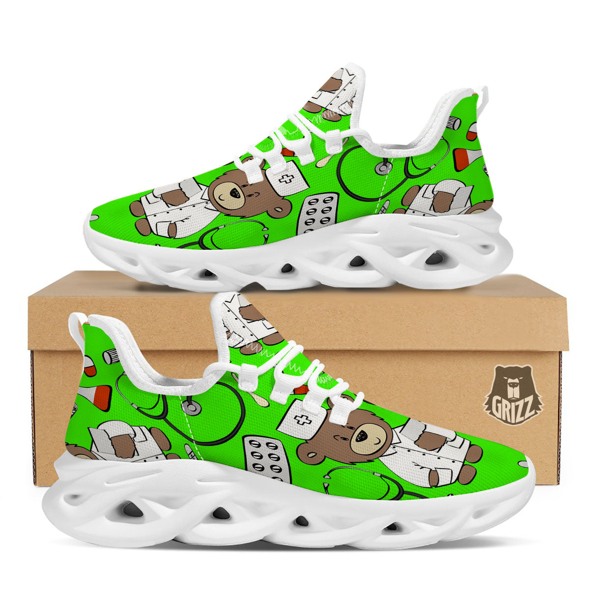 Green Neon Teddy Bear Nurse White Running Shoes-grizzshop