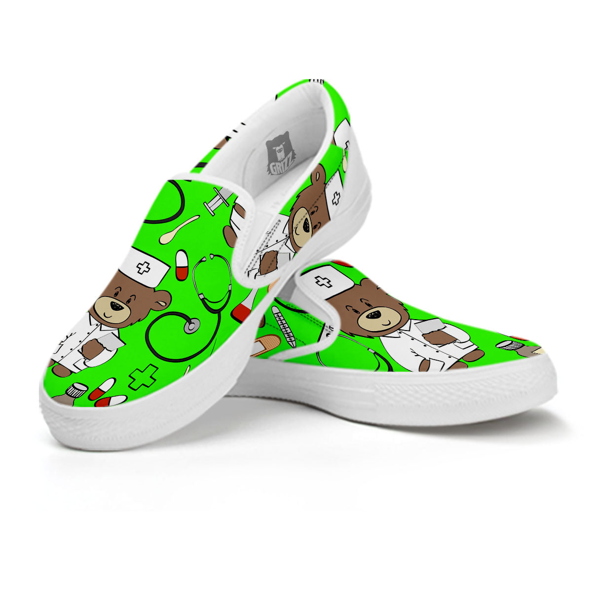 Green Neon Teddy Bear Nurse White Slip On Shoes-grizzshop