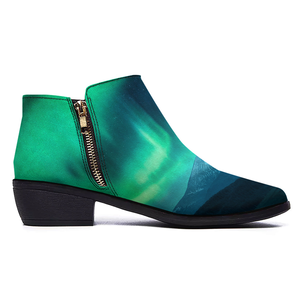 Green Northern Lights And Snowy Mountains Print Ankle Boots-grizzshop