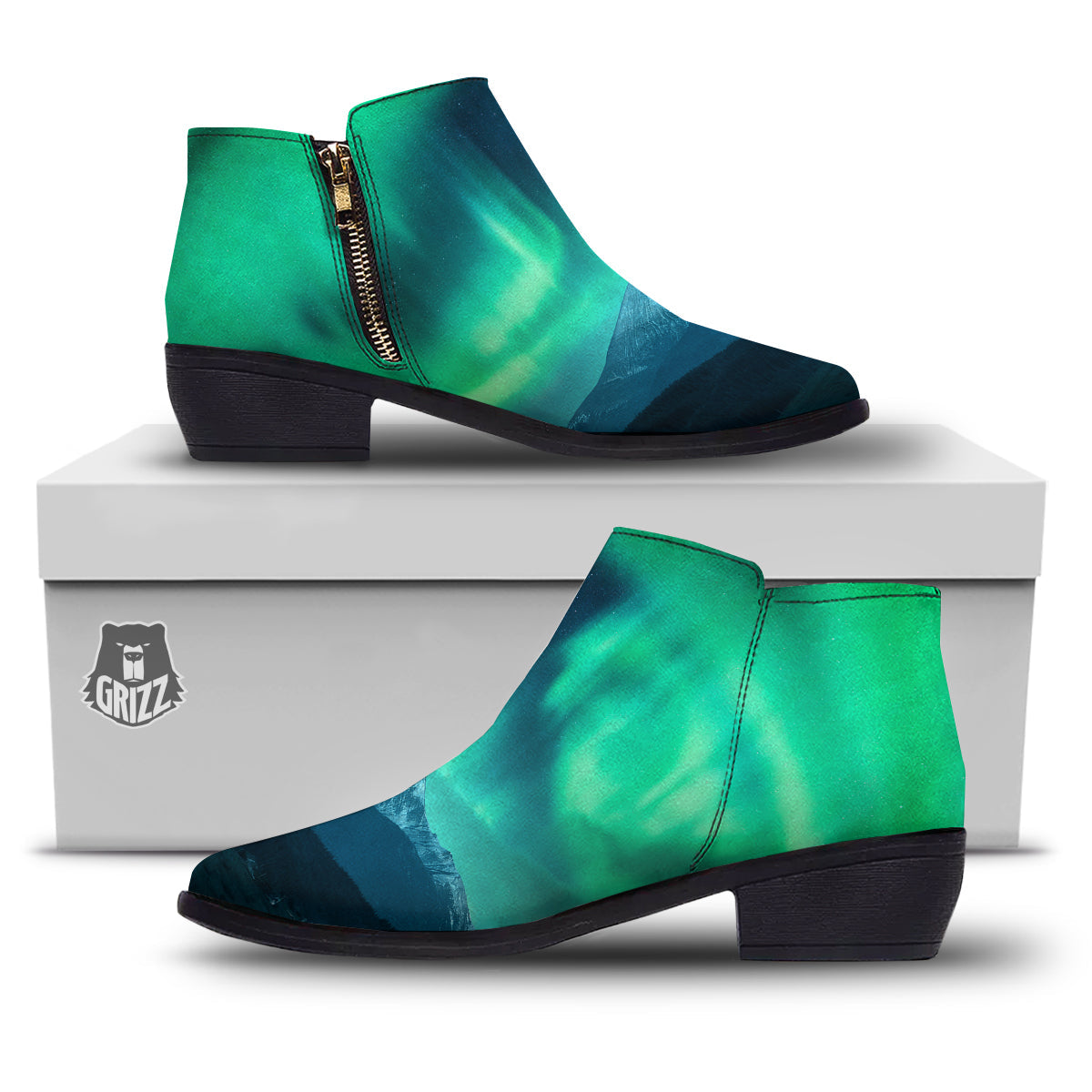 Green Northern Lights And Snowy Mountains Print Ankle Boots-grizzshop