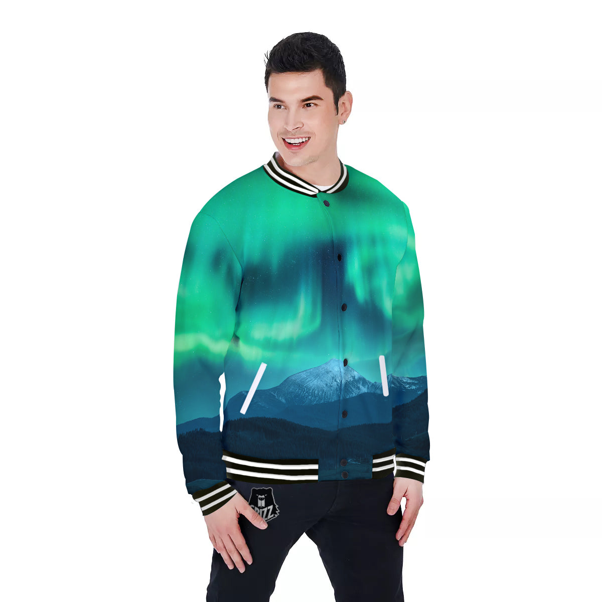 Green Northern Lights And Snowy Mountains Print Baseball Jacket-grizzshop