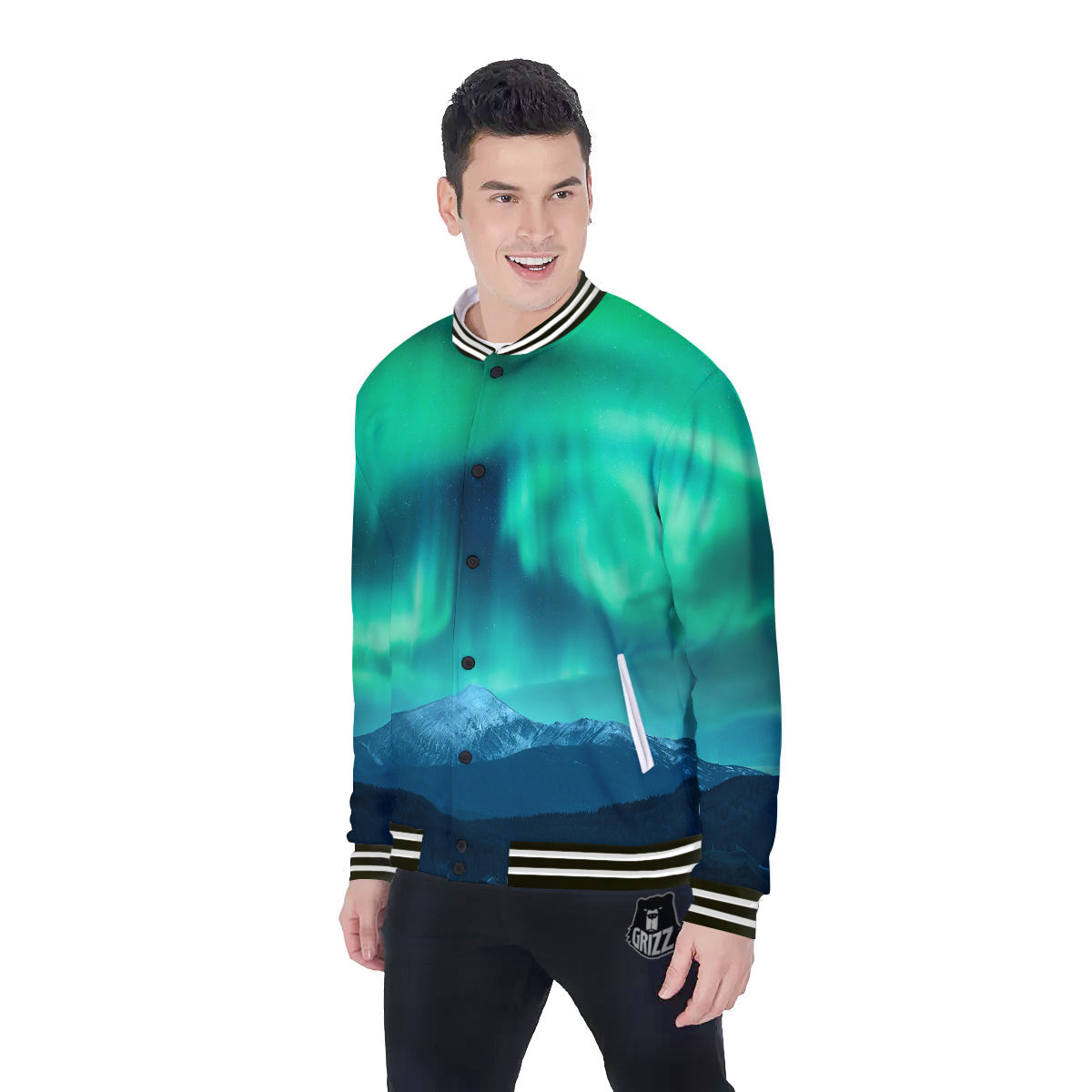 Green Northern Lights And Snowy Mountains Print Baseball Jacket-grizzshop