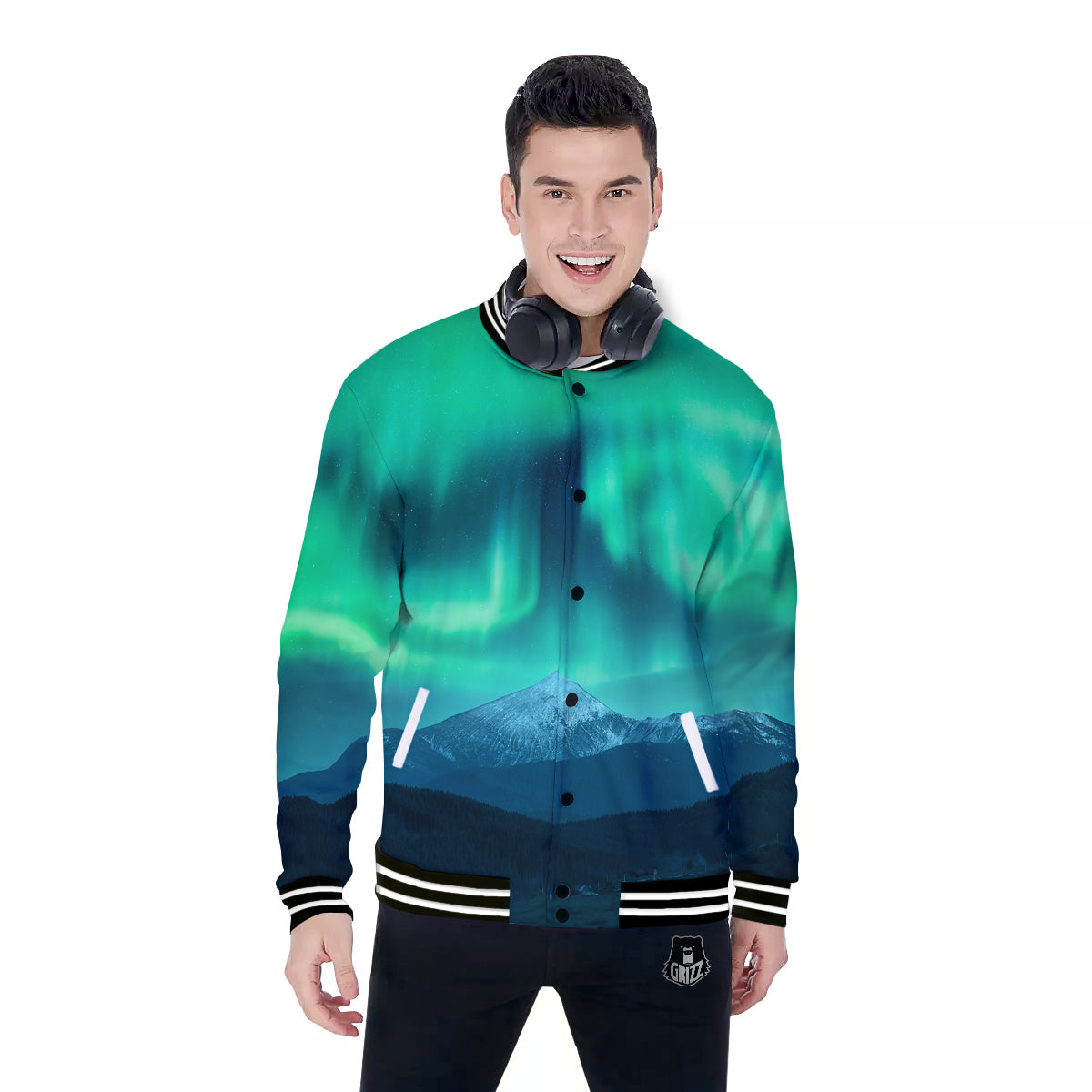 Green Northern Lights And Snowy Mountains Print Baseball Jacket-grizzshop
