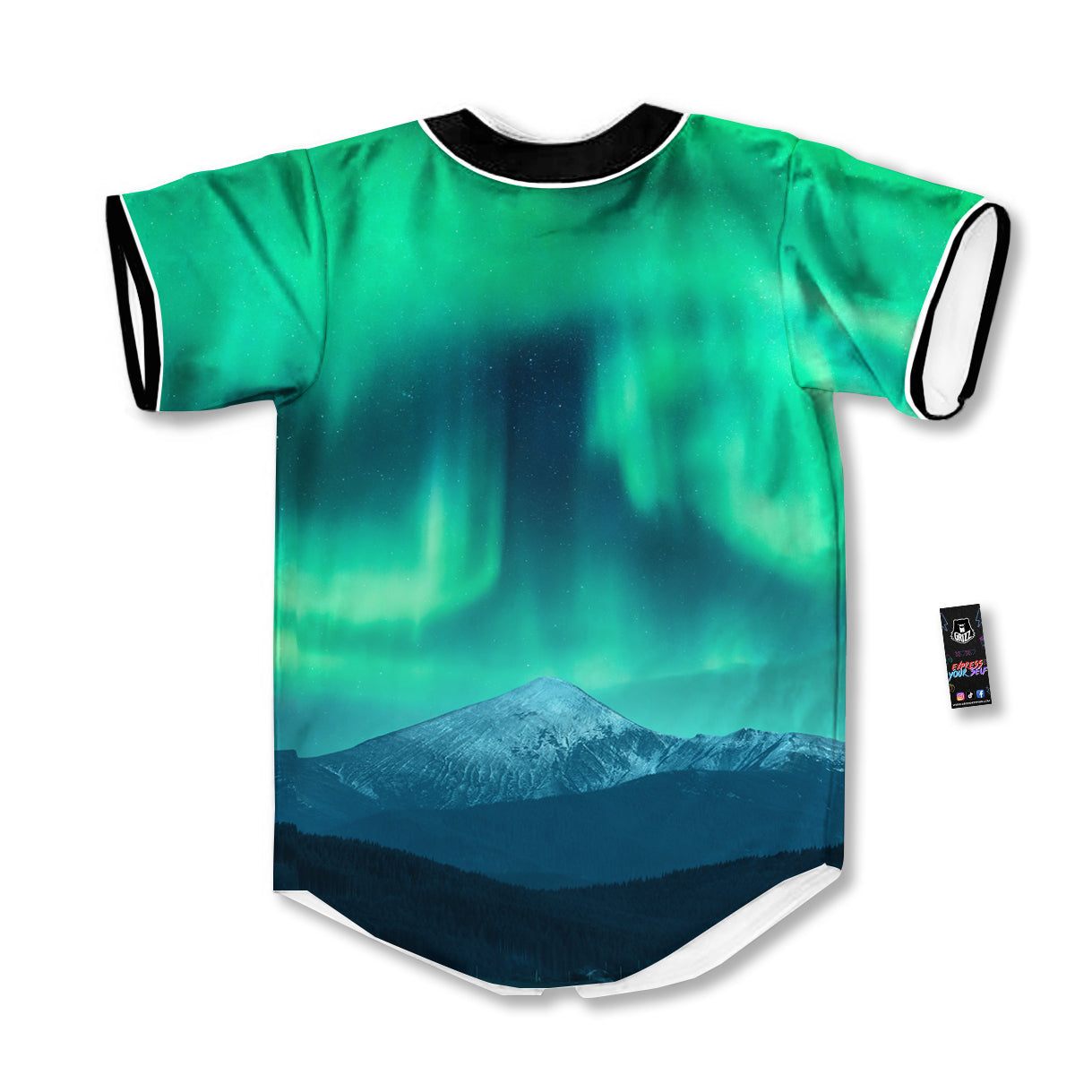 Green Northern Lights And Snowy Mountains Print Baseball Jersey-grizzshop