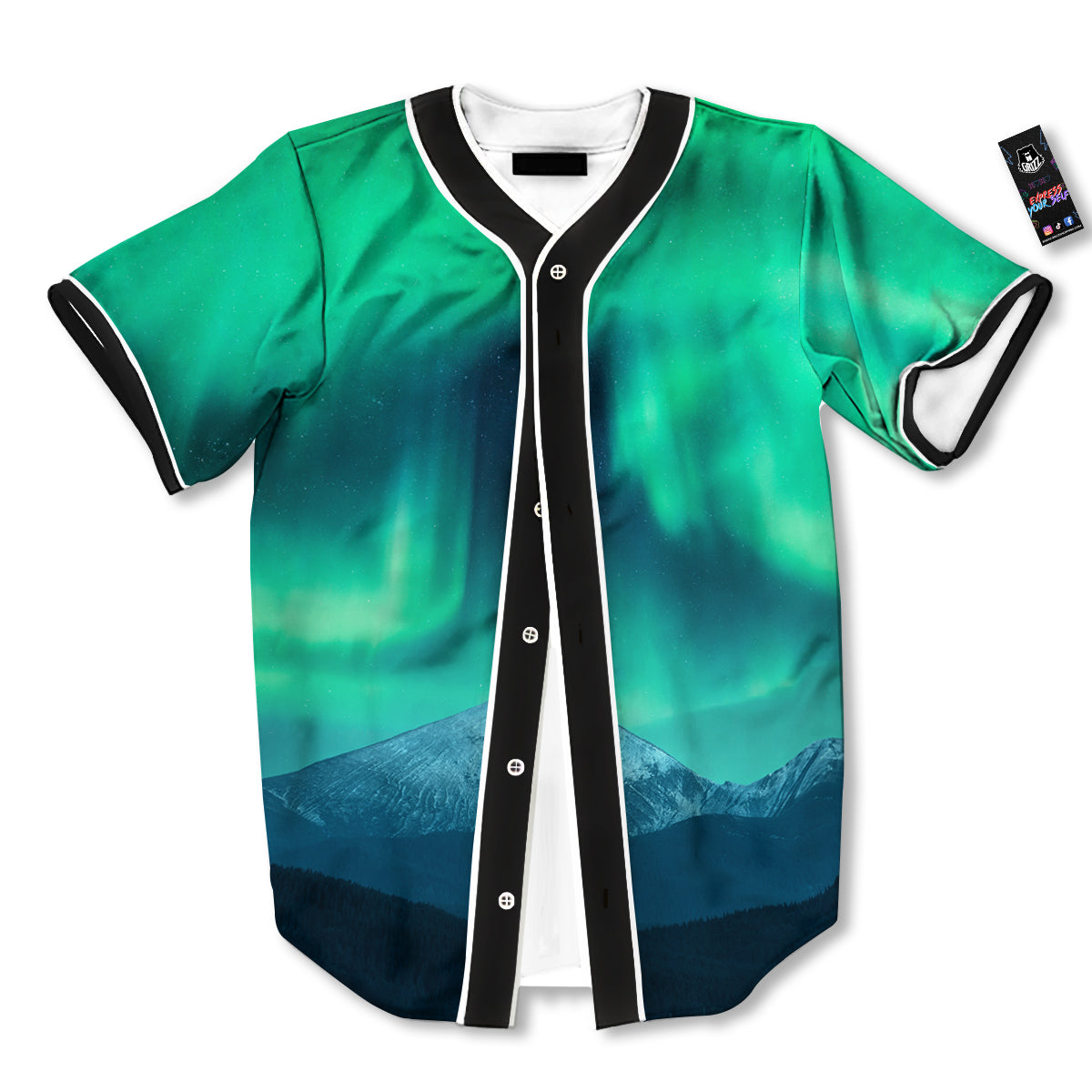 Green Northern Lights And Snowy Mountains Print Baseball Jersey-grizzshop