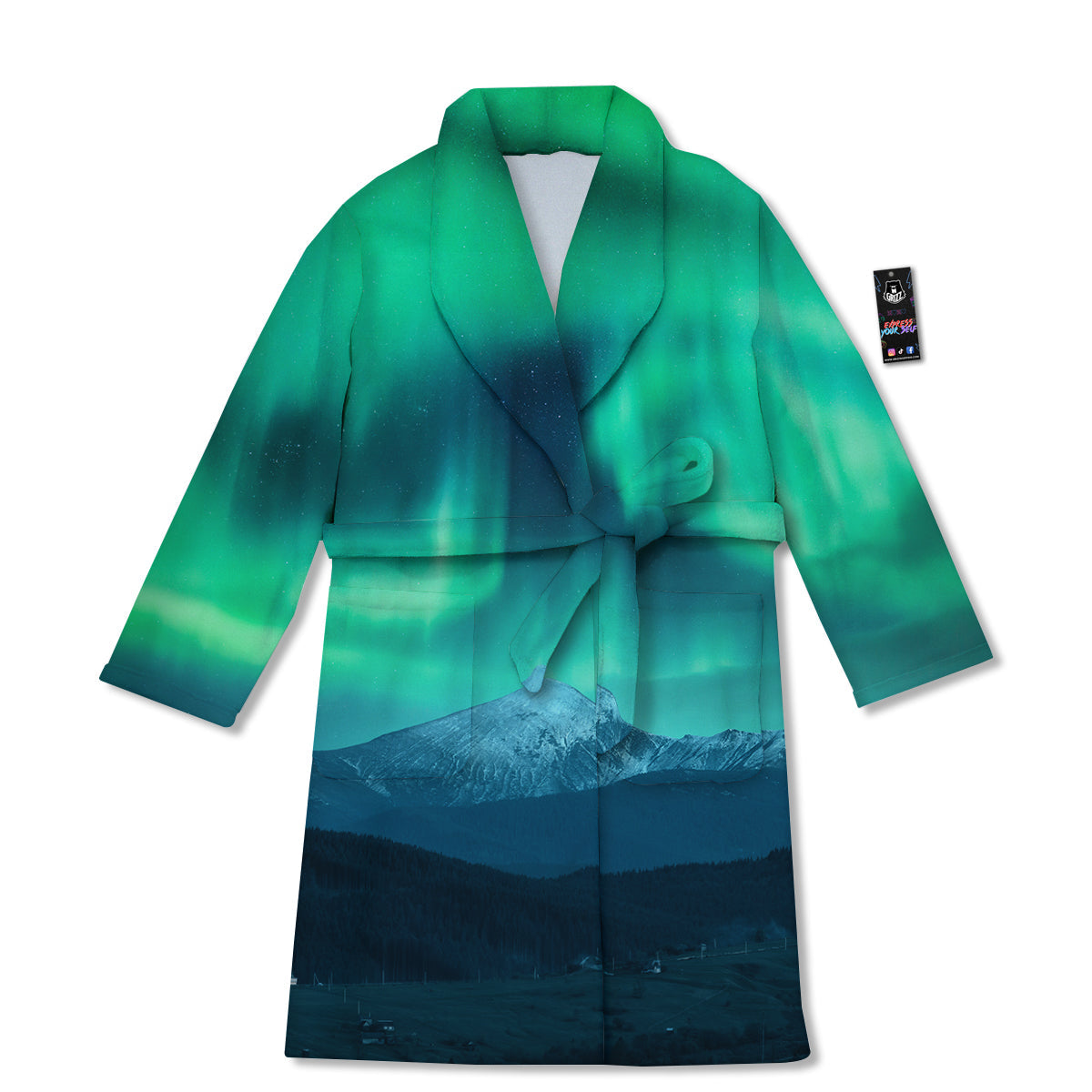 Green Northern Lights And Snowy Mountains Print Bathrobe-grizzshop