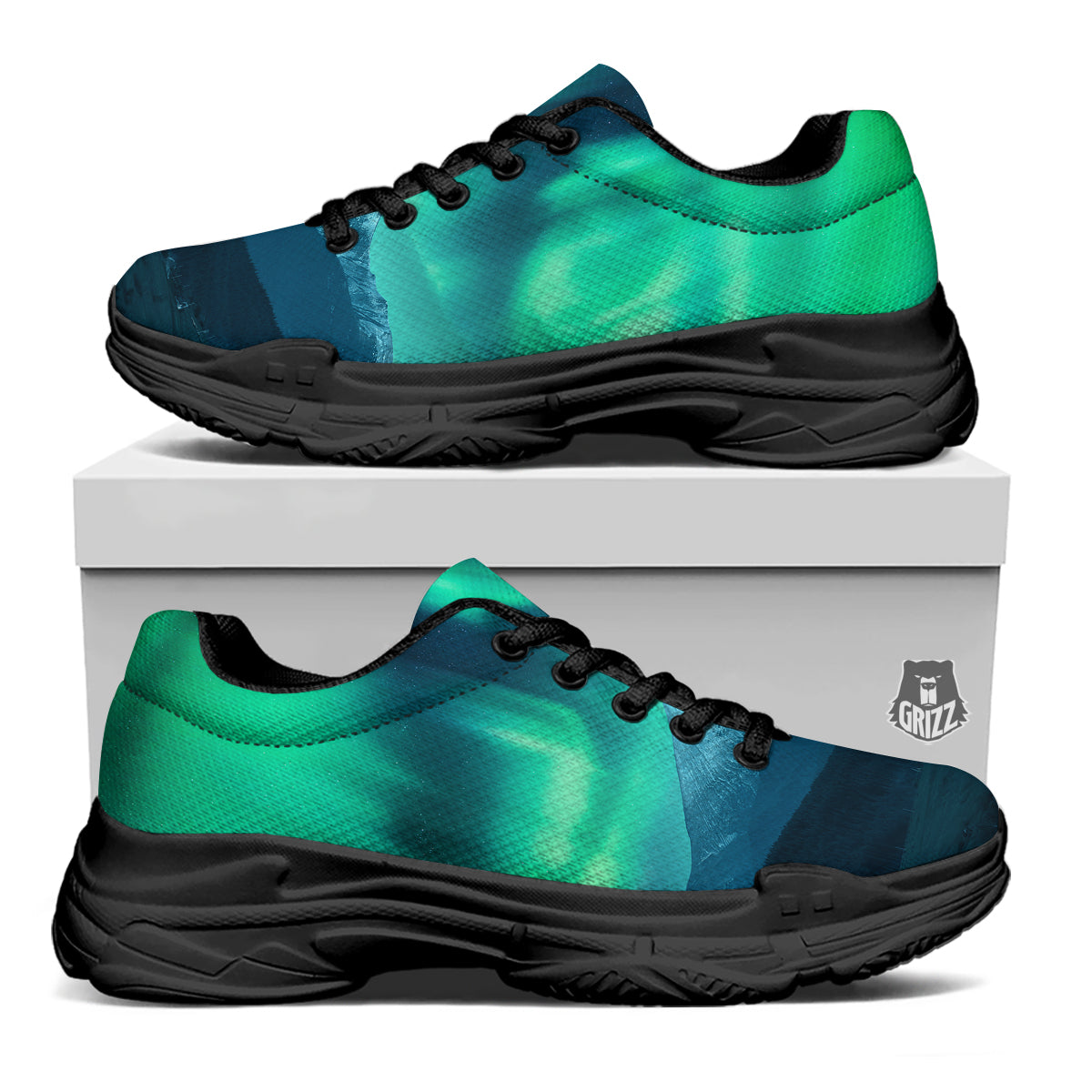 Green Northern Lights And Snowy Mountains Print Black Chunky Shoes-grizzshop