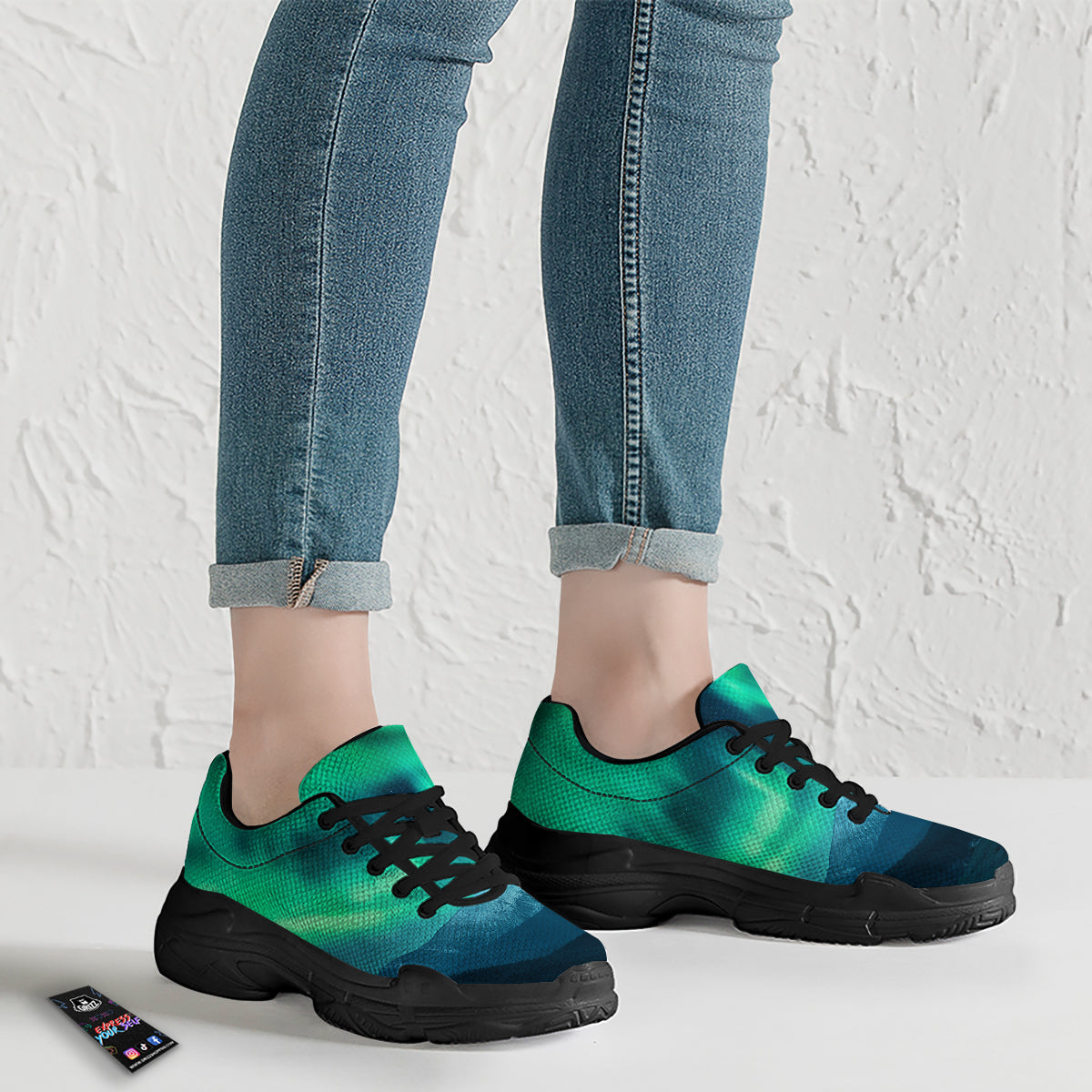 Green Northern Lights And Snowy Mountains Print Black Chunky Shoes-grizzshop