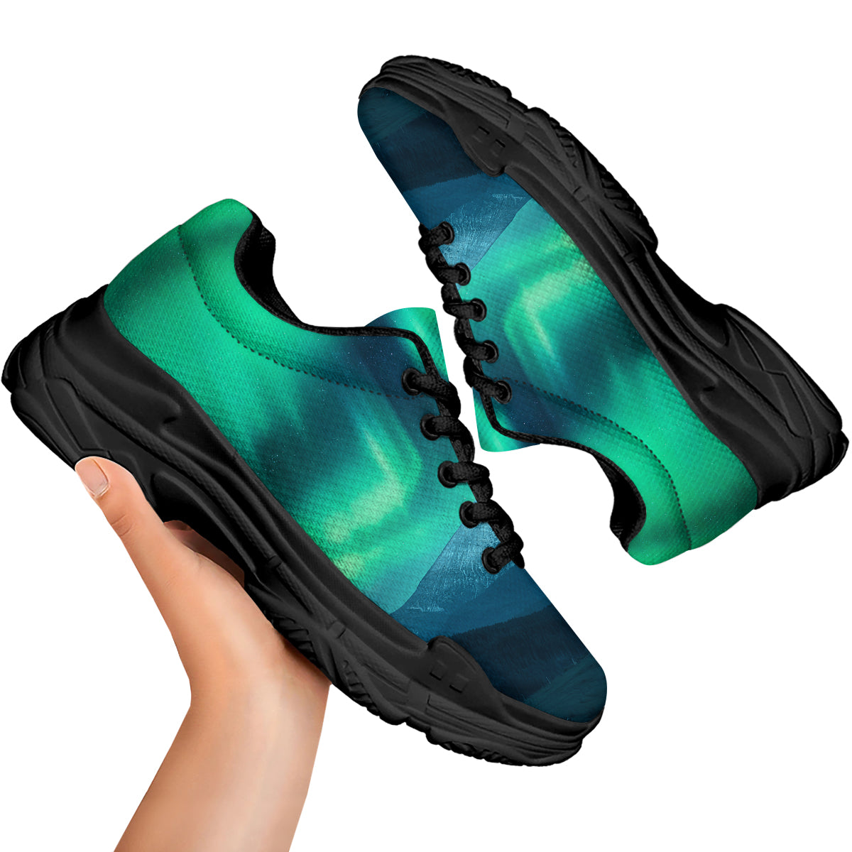 Green Northern Lights And Snowy Mountains Print Black Chunky Shoes-grizzshop