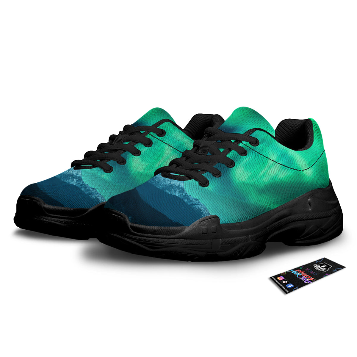 Green Northern Lights And Snowy Mountains Print Black Chunky Shoes-grizzshop