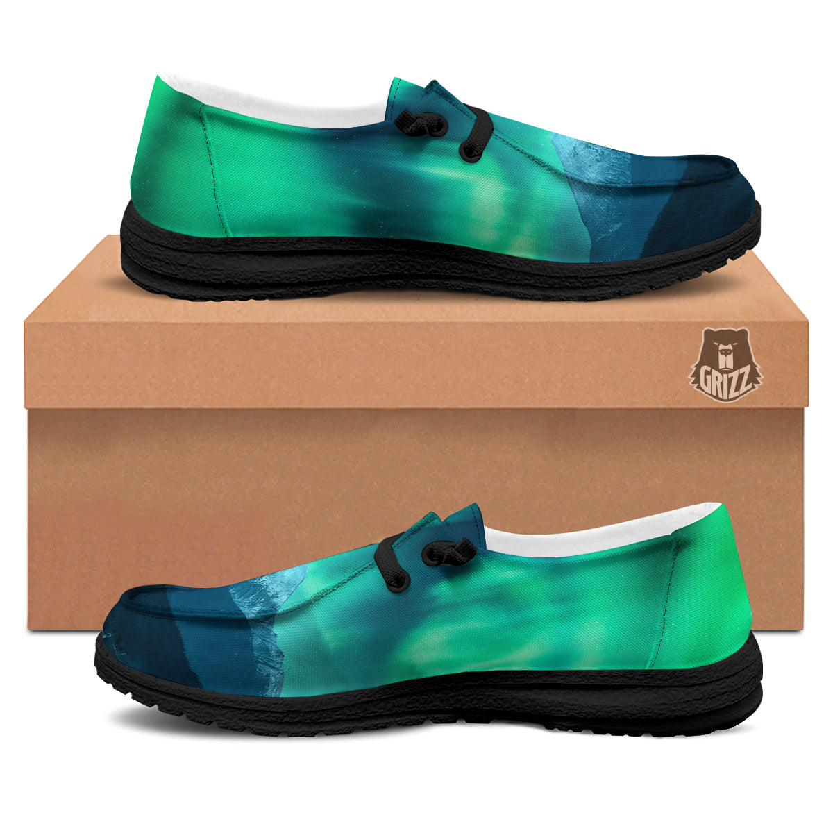 Green Northern Lights And Snowy Mountains Print Black Loafers-grizzshop