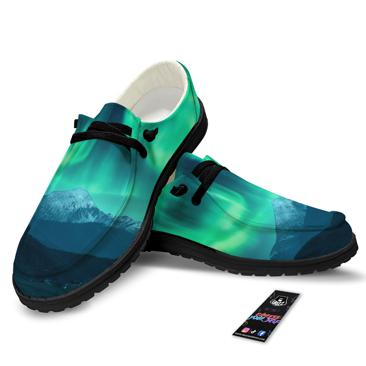 Green Northern Lights And Snowy Mountains Print Black Loafers-grizzshop