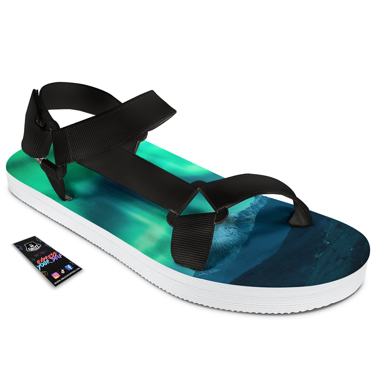 Green Northern Lights And Snowy Mountains Print Black Open Toe Sandals-grizzshop