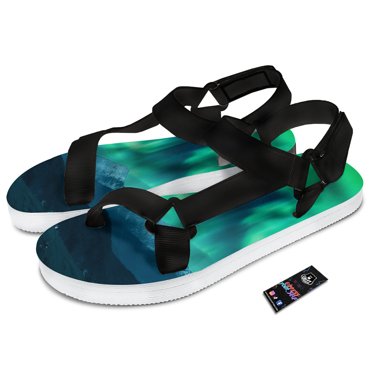 Green Northern Lights And Snowy Mountains Print Black Open Toe Sandals-grizzshop