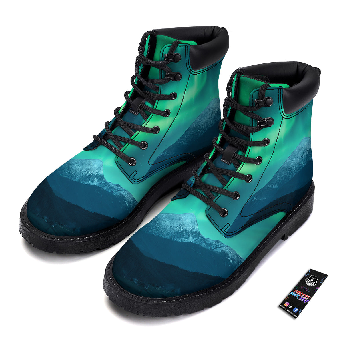 Green Northern Lights And Snowy Mountains Print Boots-grizzshop