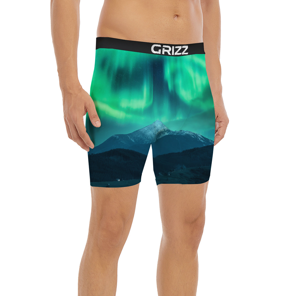 Green Northern Lights And Snowy Mountains Print Boxer Briefs-grizzshop