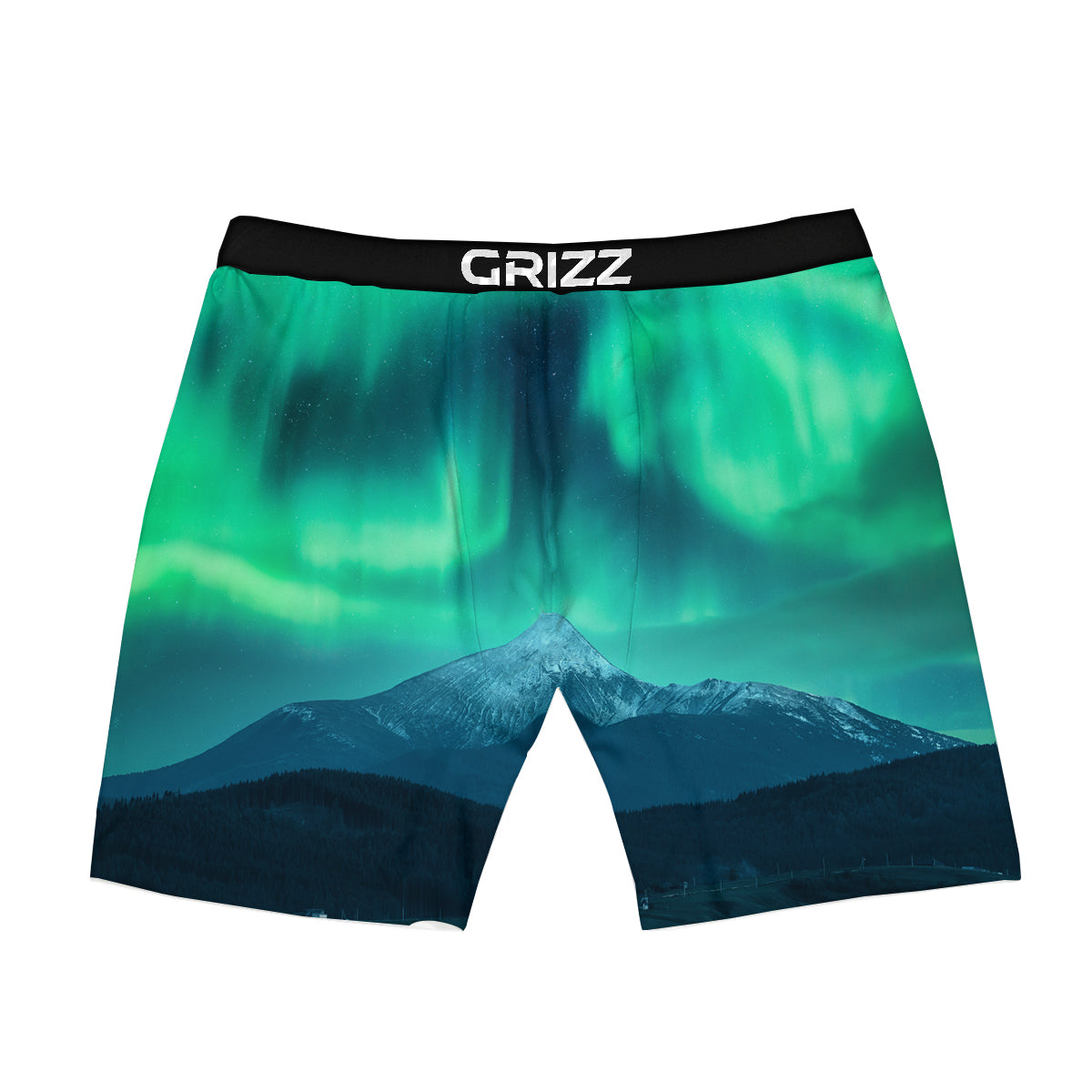 Green Northern Lights And Snowy Mountains Print Boxer Briefs-grizzshop