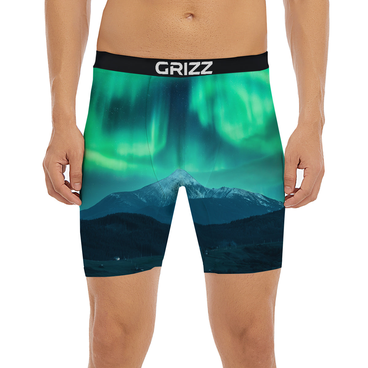 Green Northern Lights And Snowy Mountains Print Boxer Briefs-grizzshop