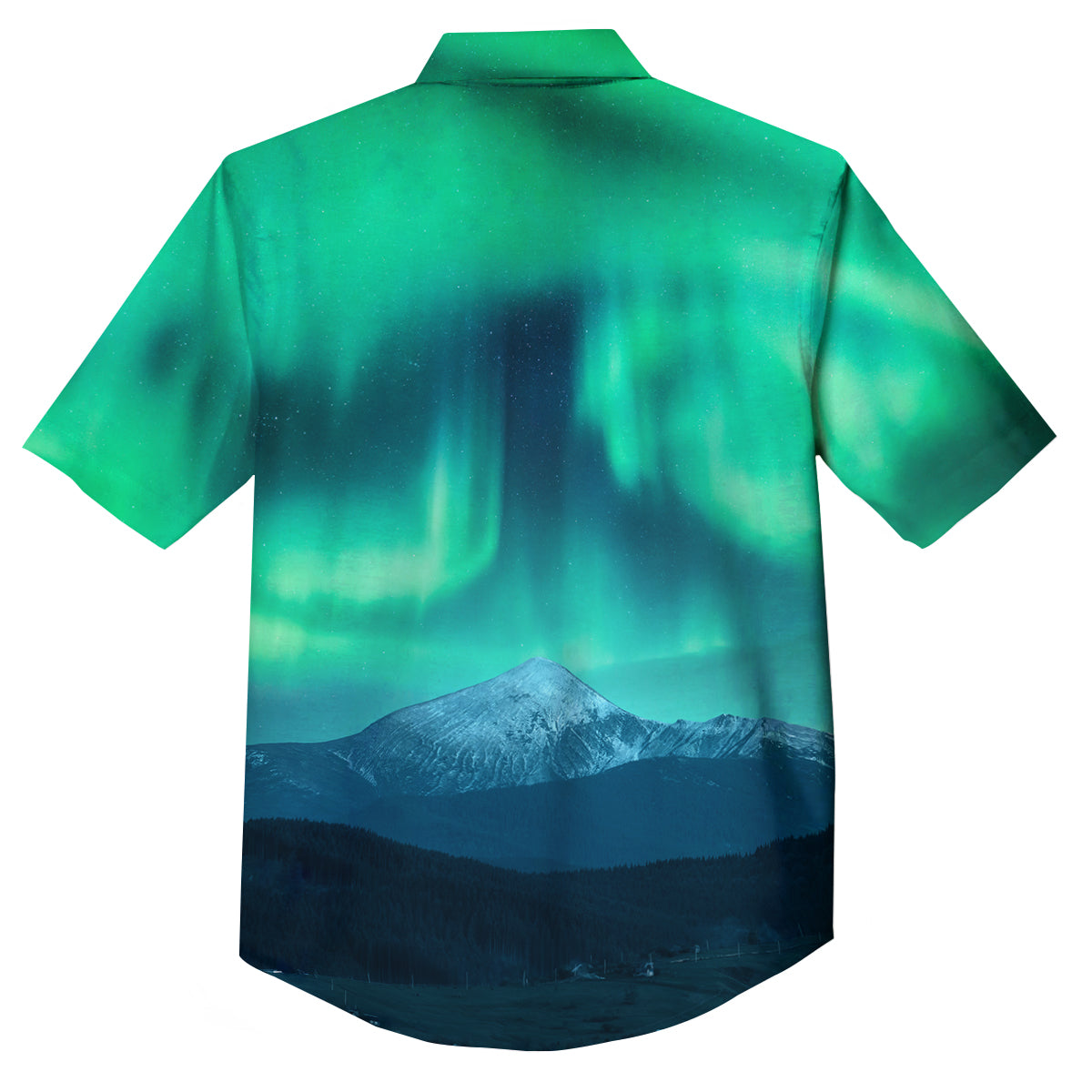Green Northern Lights And Snowy Mountains Print Button Up Shirt-grizzshop