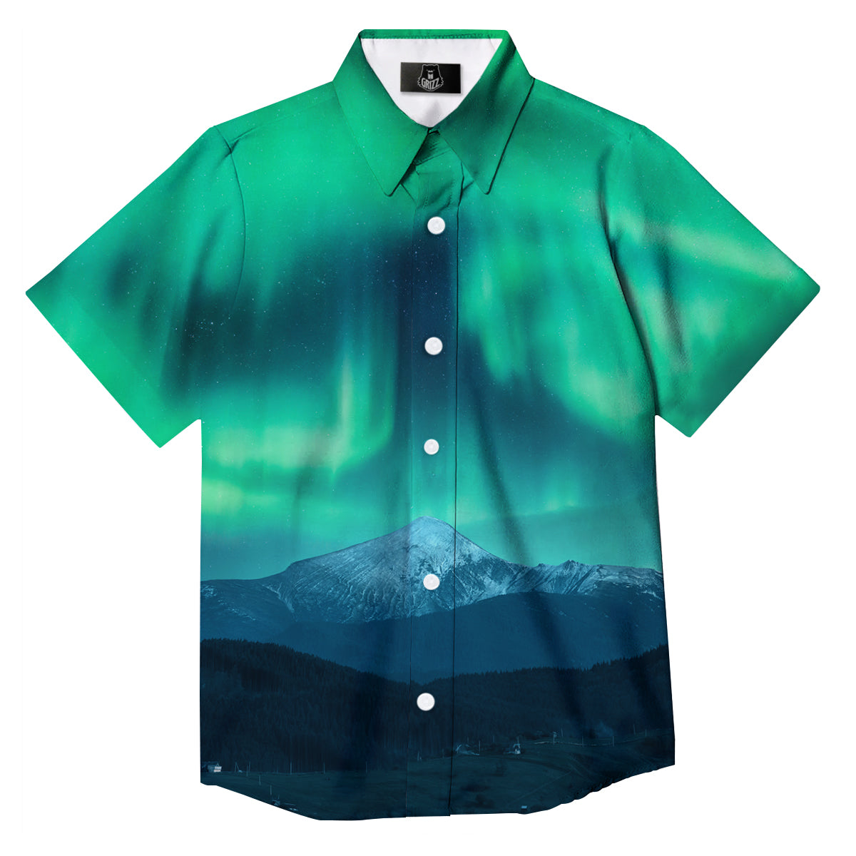 Green Northern Lights And Snowy Mountains Print Button Up Shirt-grizzshop